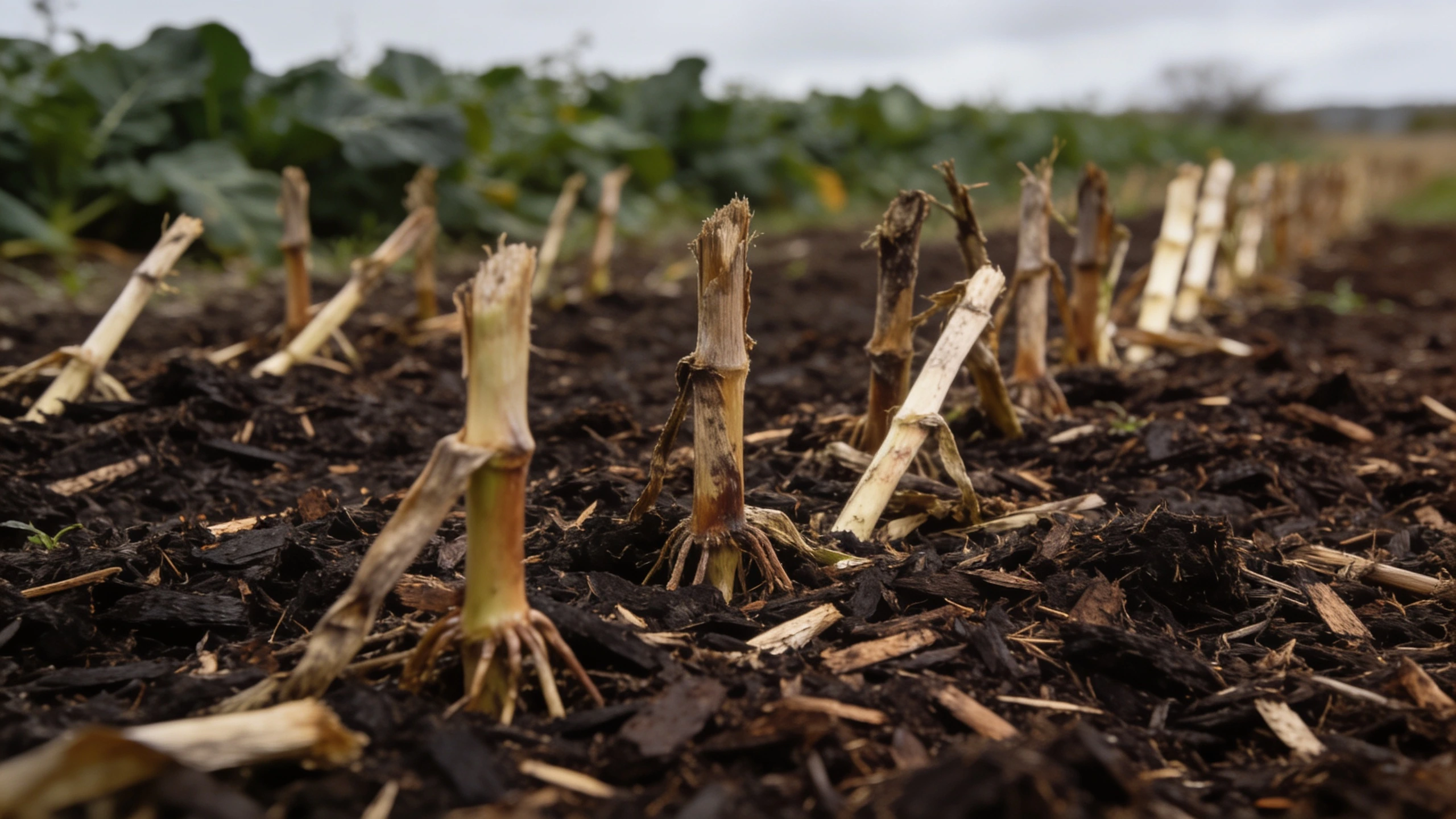 Compost on the surface, on a bed that has not been dug Dark compost mulch spread across an undug vegetable bed with crop residue left in place