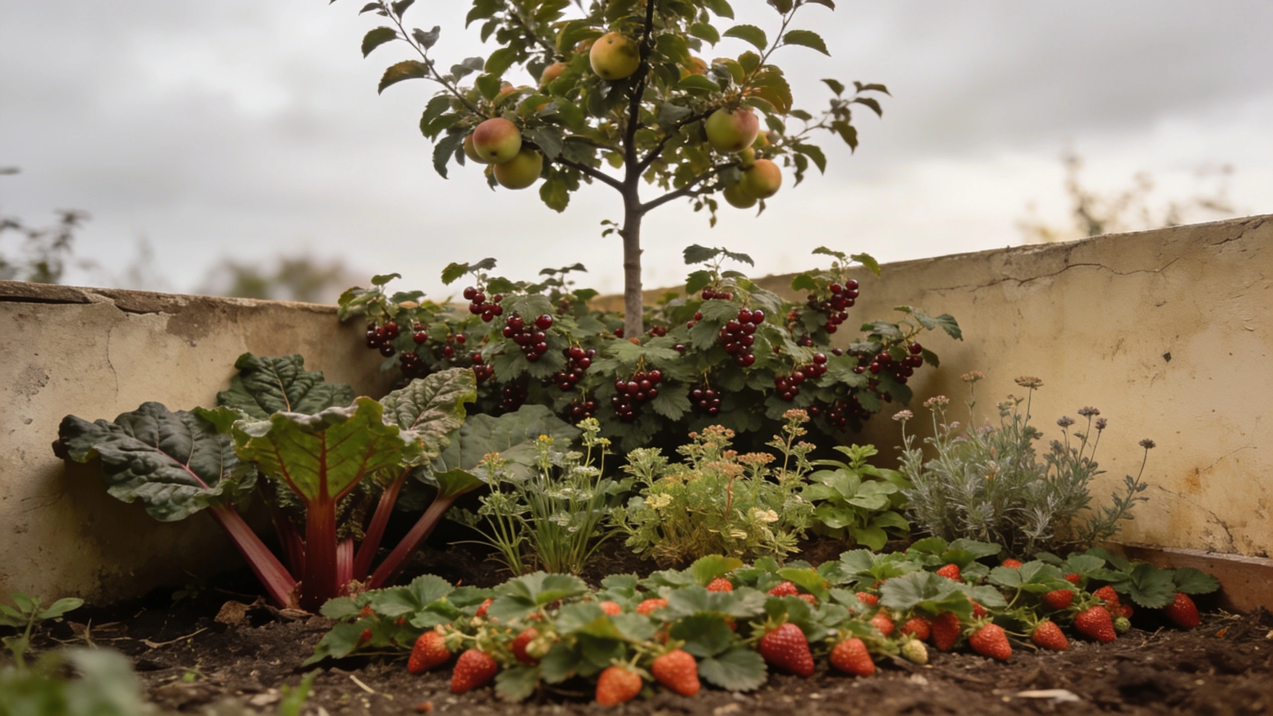 Four layers stacked in a corner of an ordinary garden Small fruit tree with currant bushes beneath, rhubarb and herbs below and strawberries as ground cover