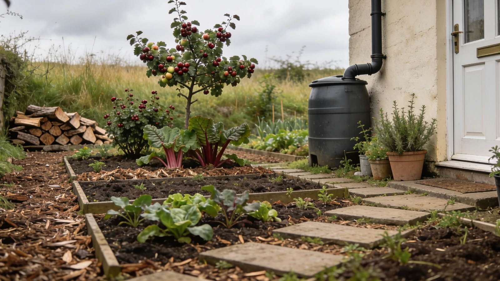 Garden with herbs at the door, mulched beds beyond, a fruit tree with underplanting and a water butt