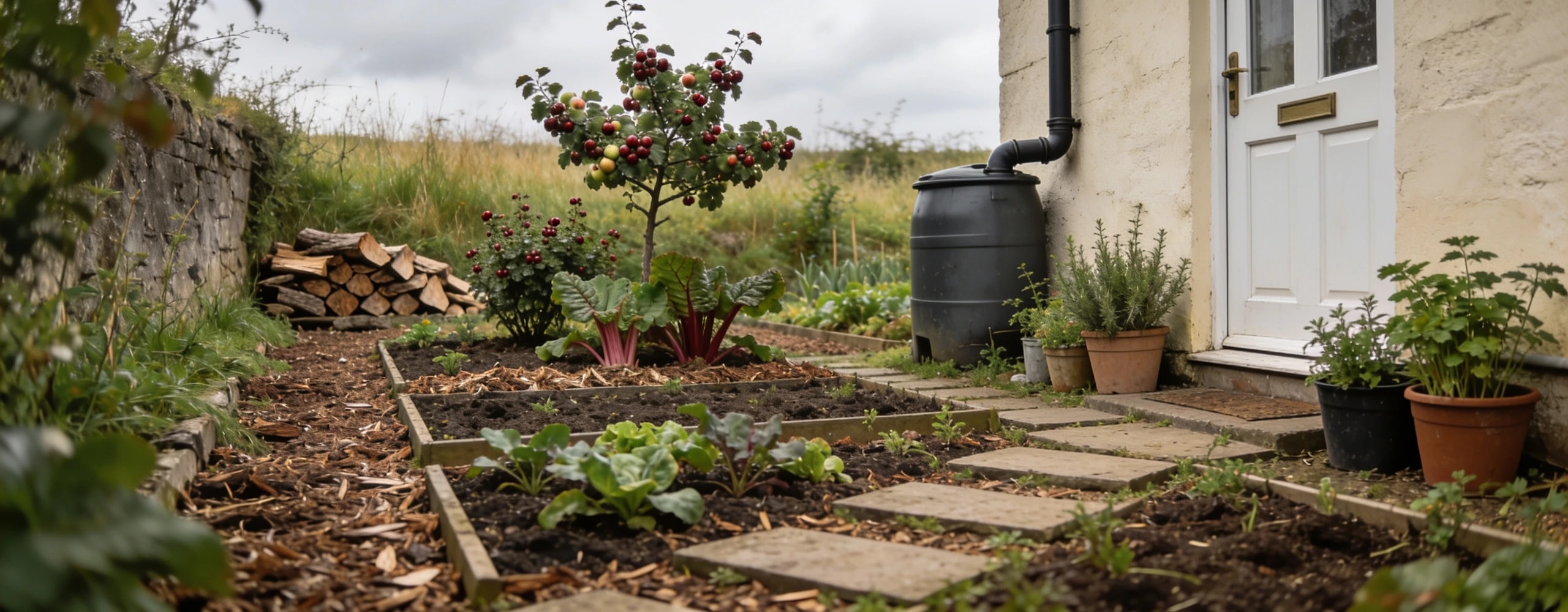 Placed by how often each thing needs you Garden with herbs at the door, mulched beds beyond, a fruit tree with underplanting and a water butt