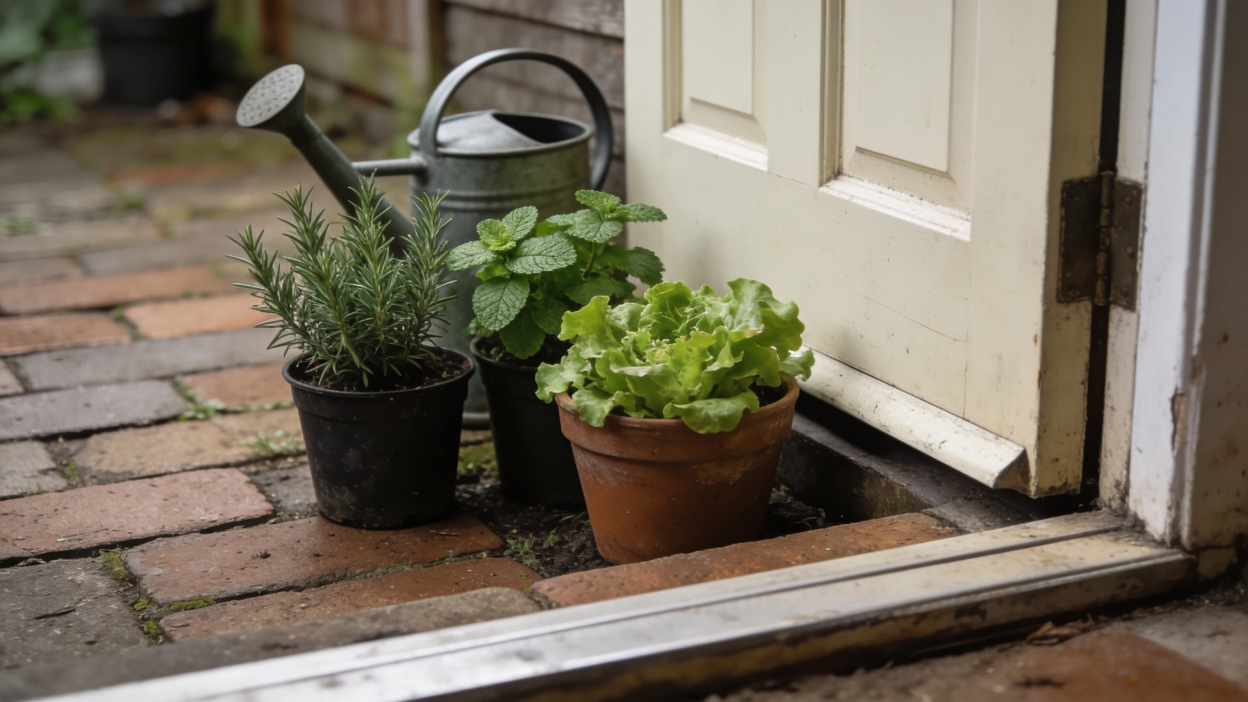 Zone one: what you pick daily goes at the door Pots of herbs and salad immediately outside a back door with a watering can beside them