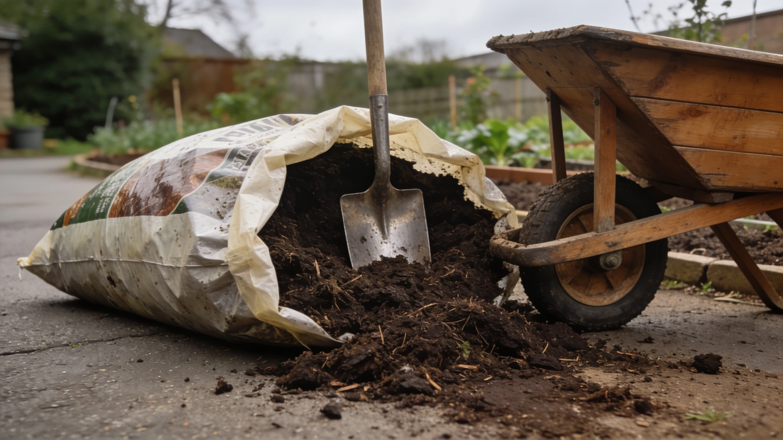 A bulk compost delivery for filling raised beds Large bulk bag of compost on a driveway part emptied with a shovel and wheelbarrow