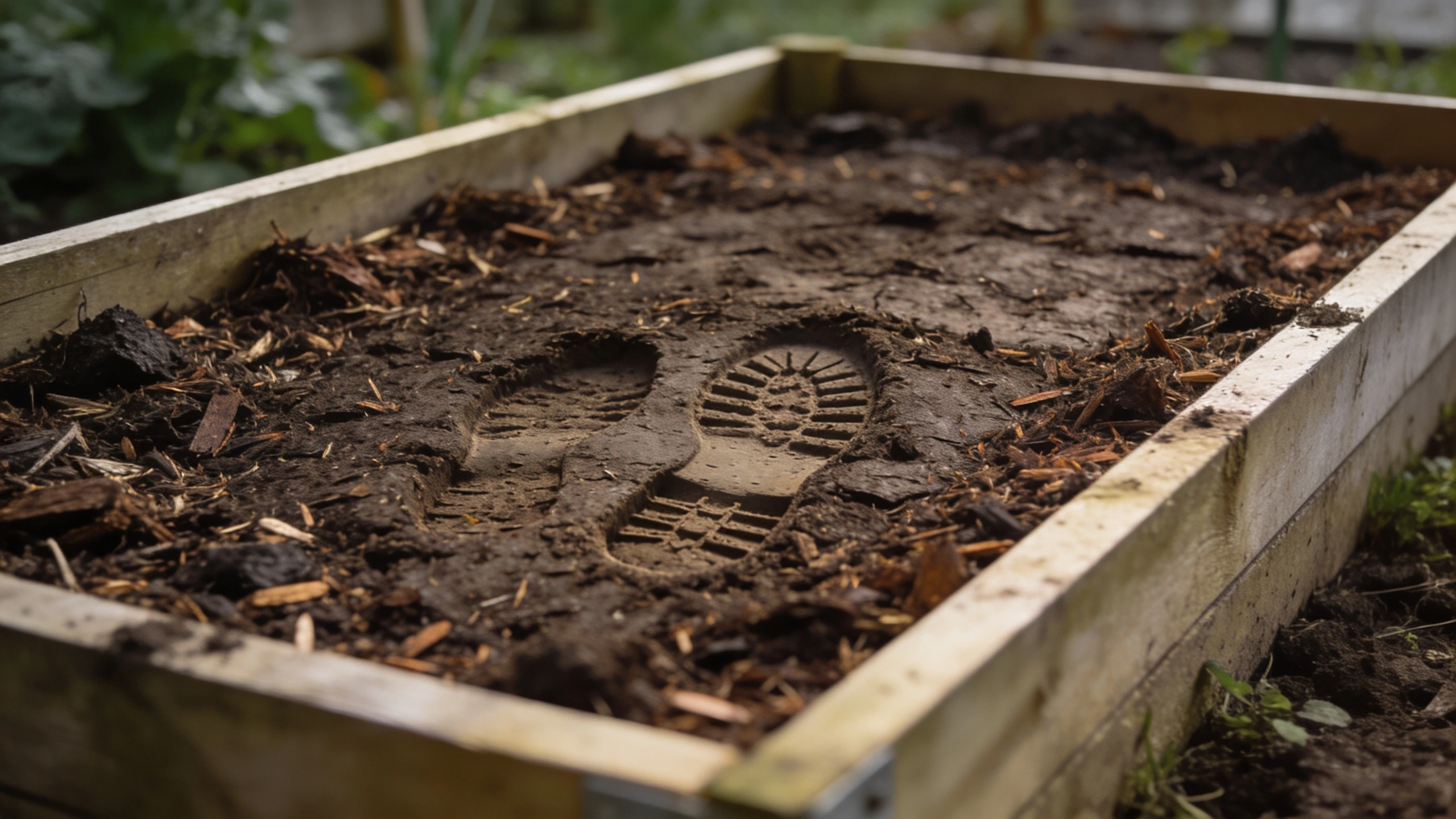 Footprints in a raised bed that is too wide to reach across Boot prints pressed into compost in the middle of a wide raised bed compacting the soil