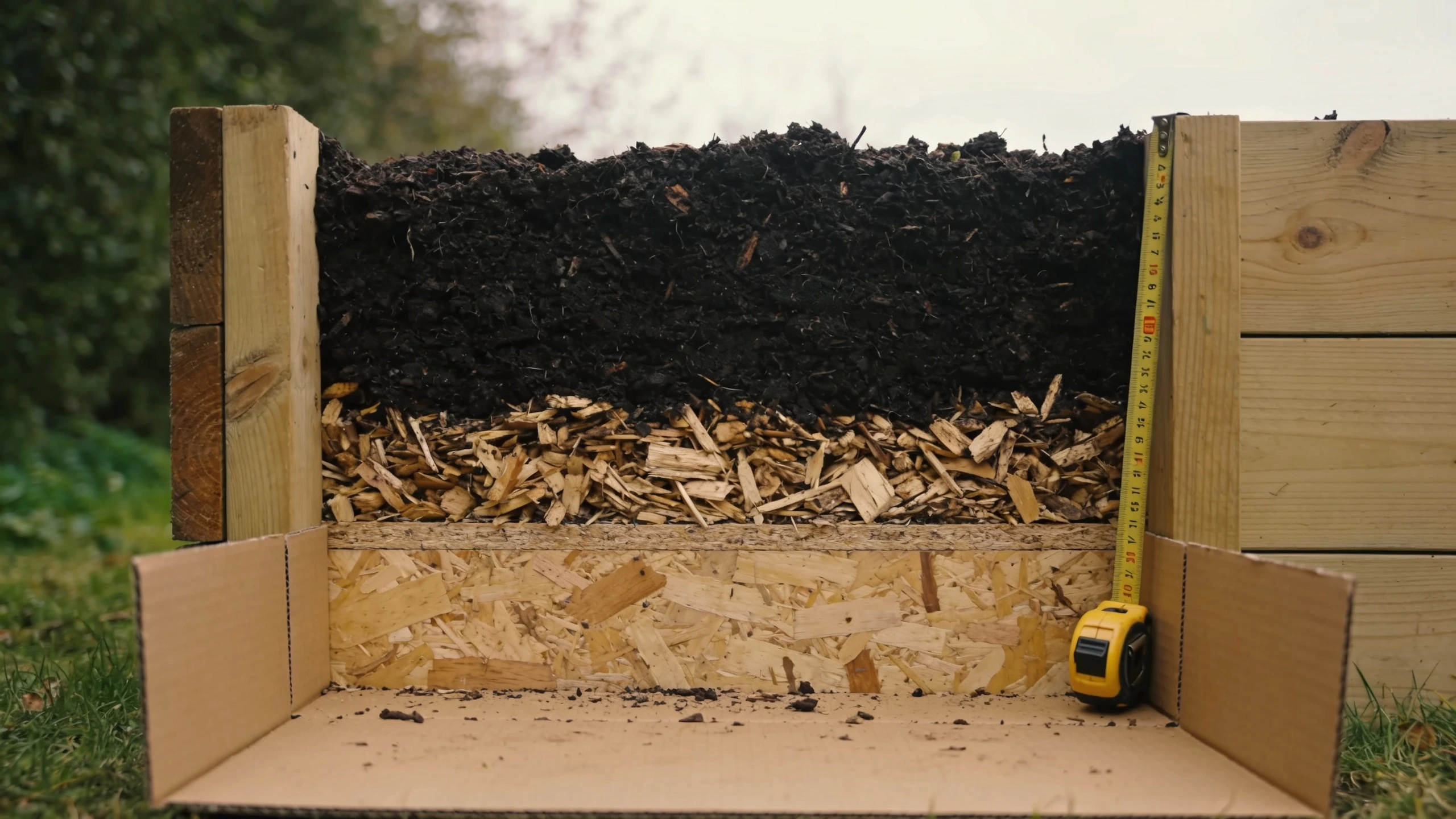 A raised bed cross section showing its layers Open end of a part-built raised bed showing cardboard, woody material and deep compost