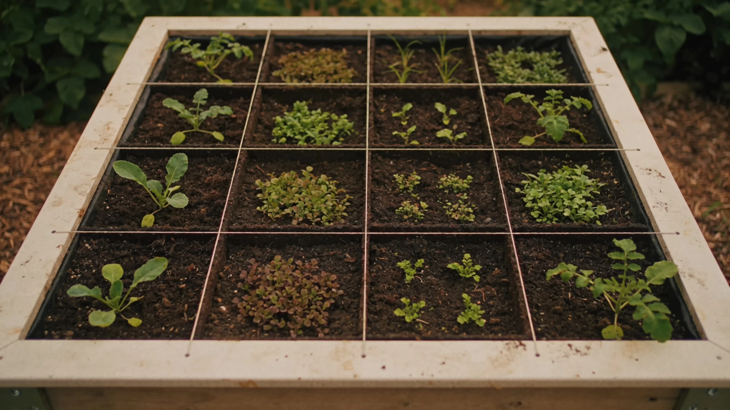 A raised bed divided into a planting grid Overhead view of a square raised bed divided into sixteen squares planted differently