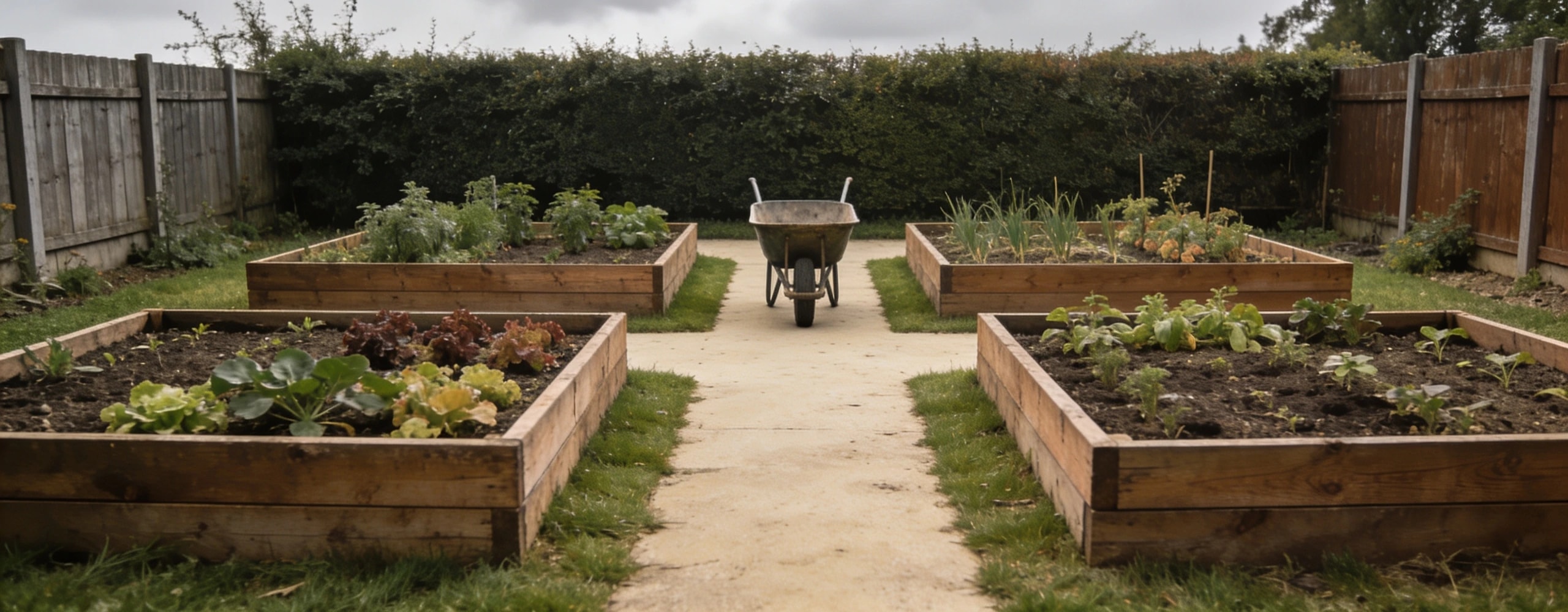 Four timber raised beds in two rows with grass paths and a wheelbarrow on the central path