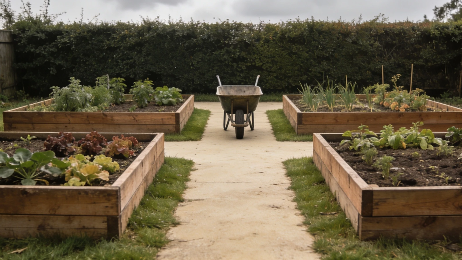 Four timber raised beds in two rows with grass paths and a wheelbarrow on the central path
