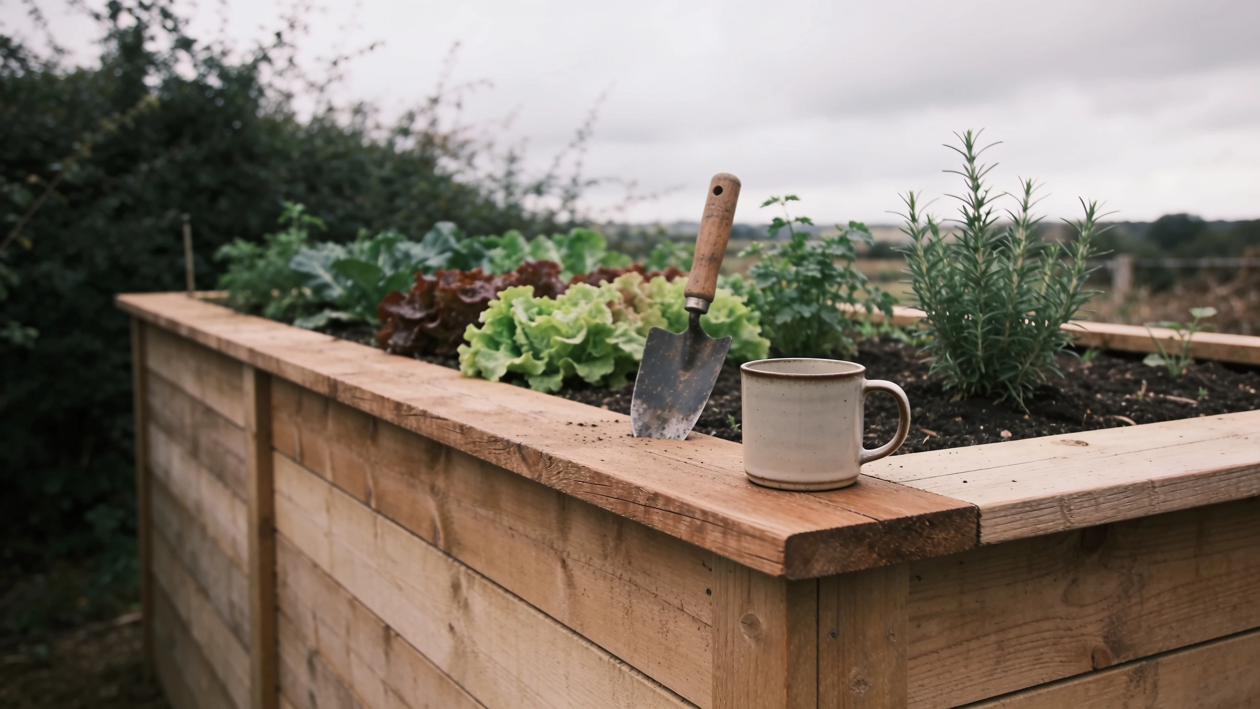 A waist height raised bed for working standing up Tall raised bed with a wide flat timber cap planted with salad and herbs
