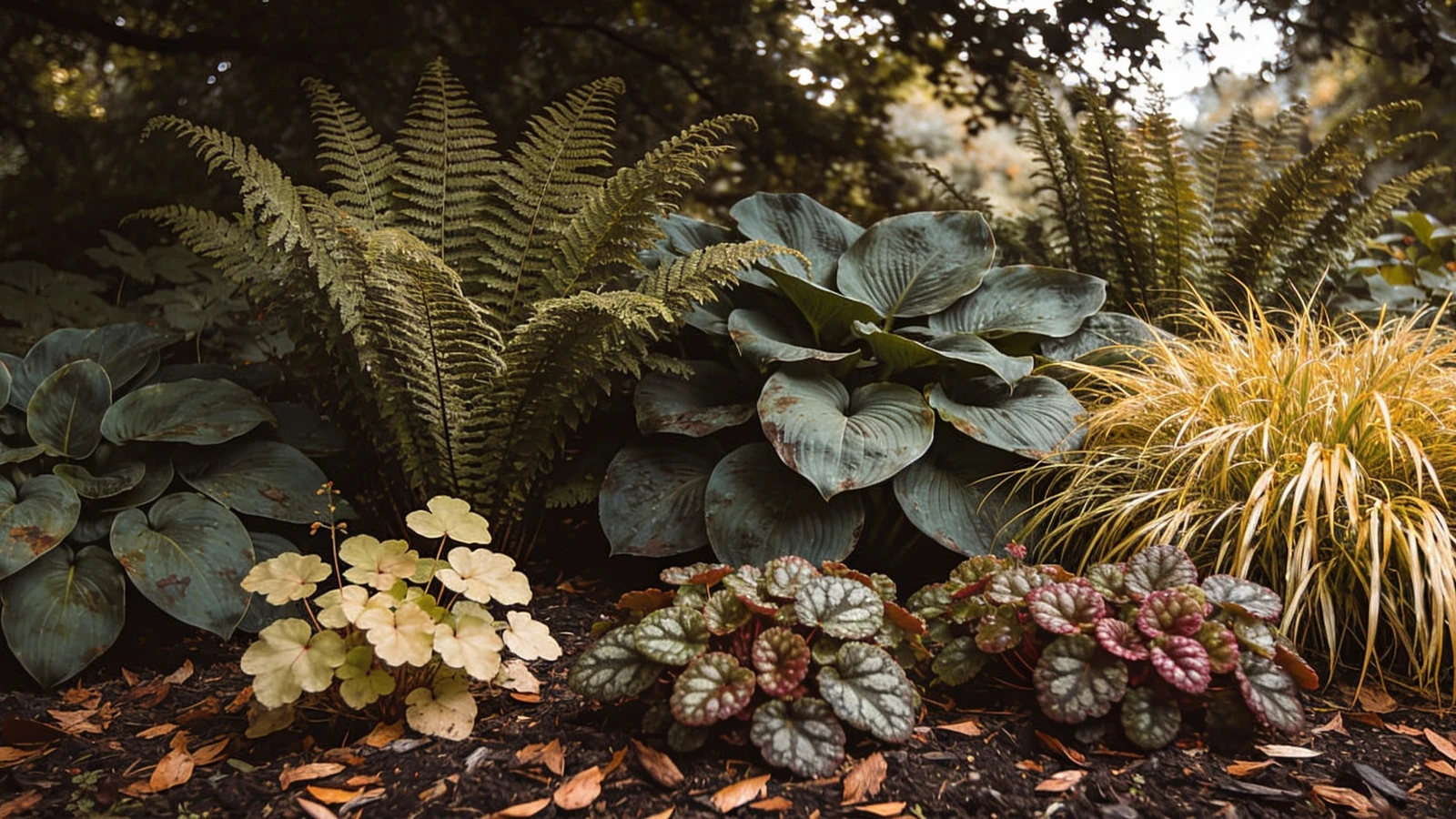 Shaded border of hosta, shuttlecock ferns and golden hakonechloa in bold groups by height