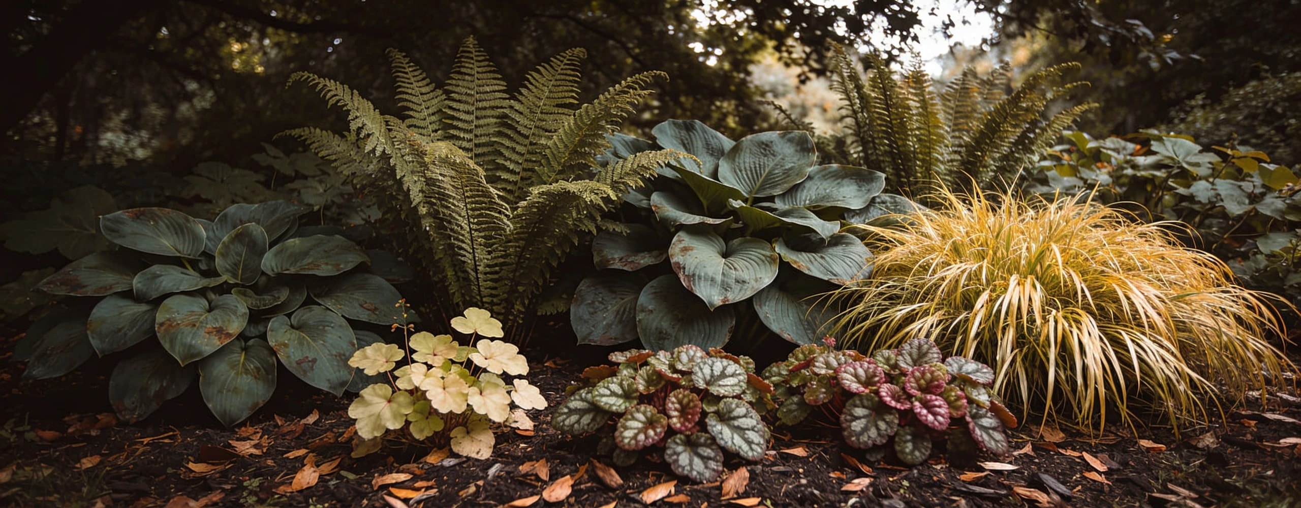 A shade border built from foliage rather than flowers Shaded border of hosta, shuttlecock ferns and golden hakonechloa in bold groups by height