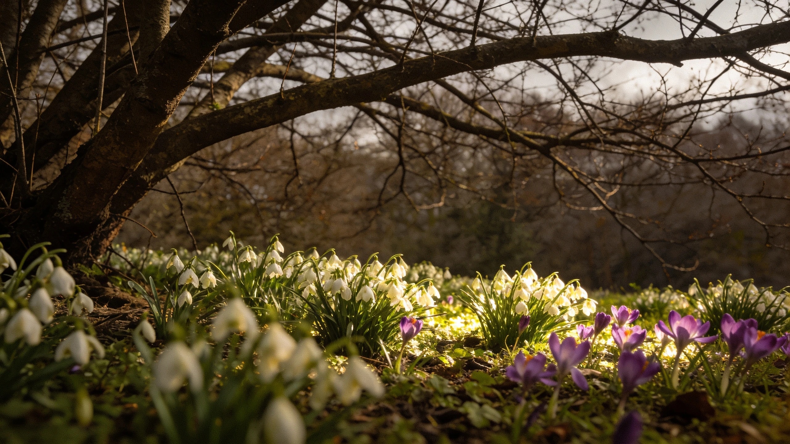 Bulbs using the light before the canopy closes Drifts of snowdrops and crocus flowering in dappled light under a bare deciduous canopy