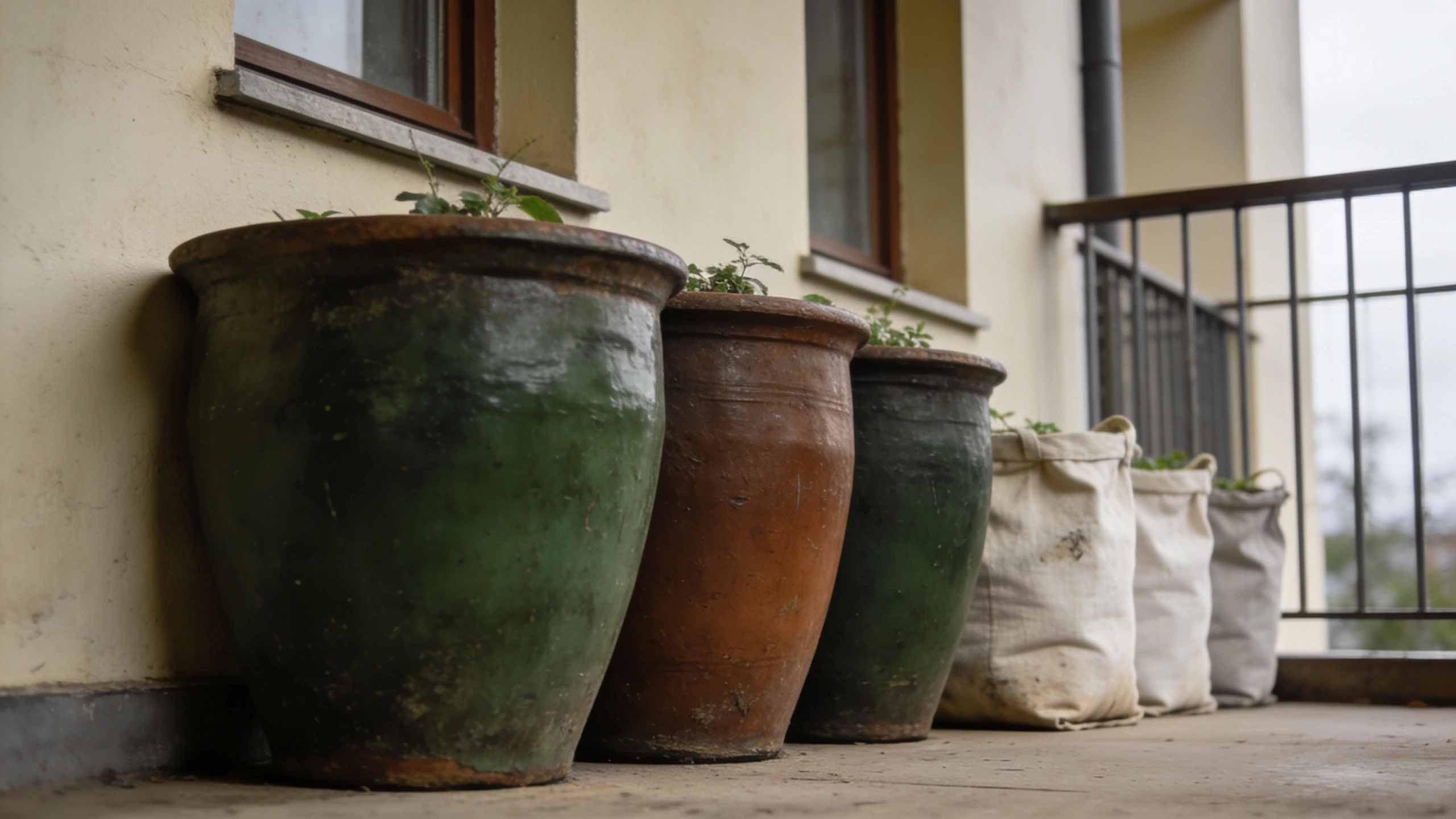 Heavy planters placed against the building wall Large heavy planters against a balcony building wall with lighter fabric pots further out