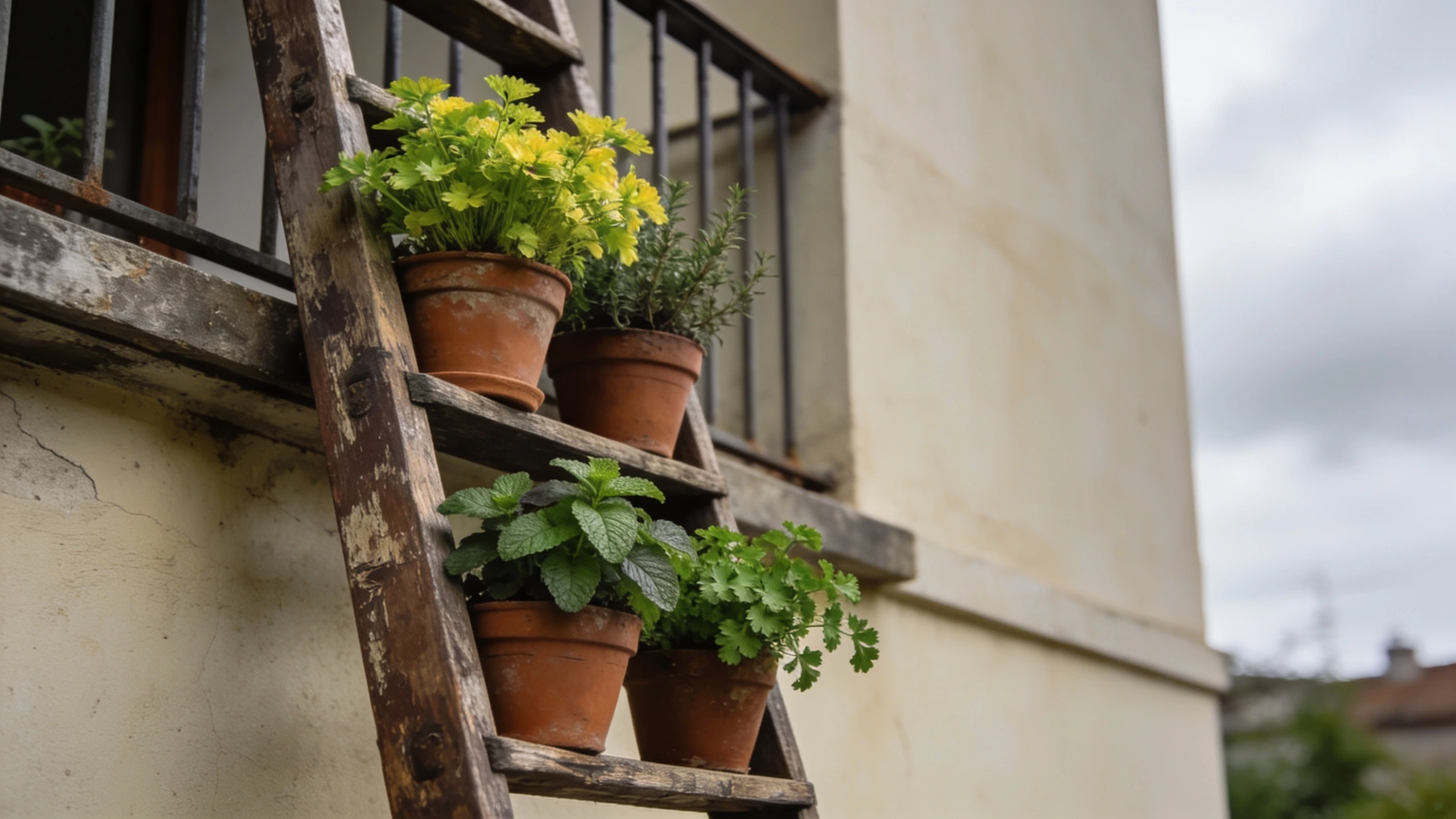 An old wooden ladder used as a plant stand Weathered wooden ladder leaned against a wall with herb pots sitting on each rung