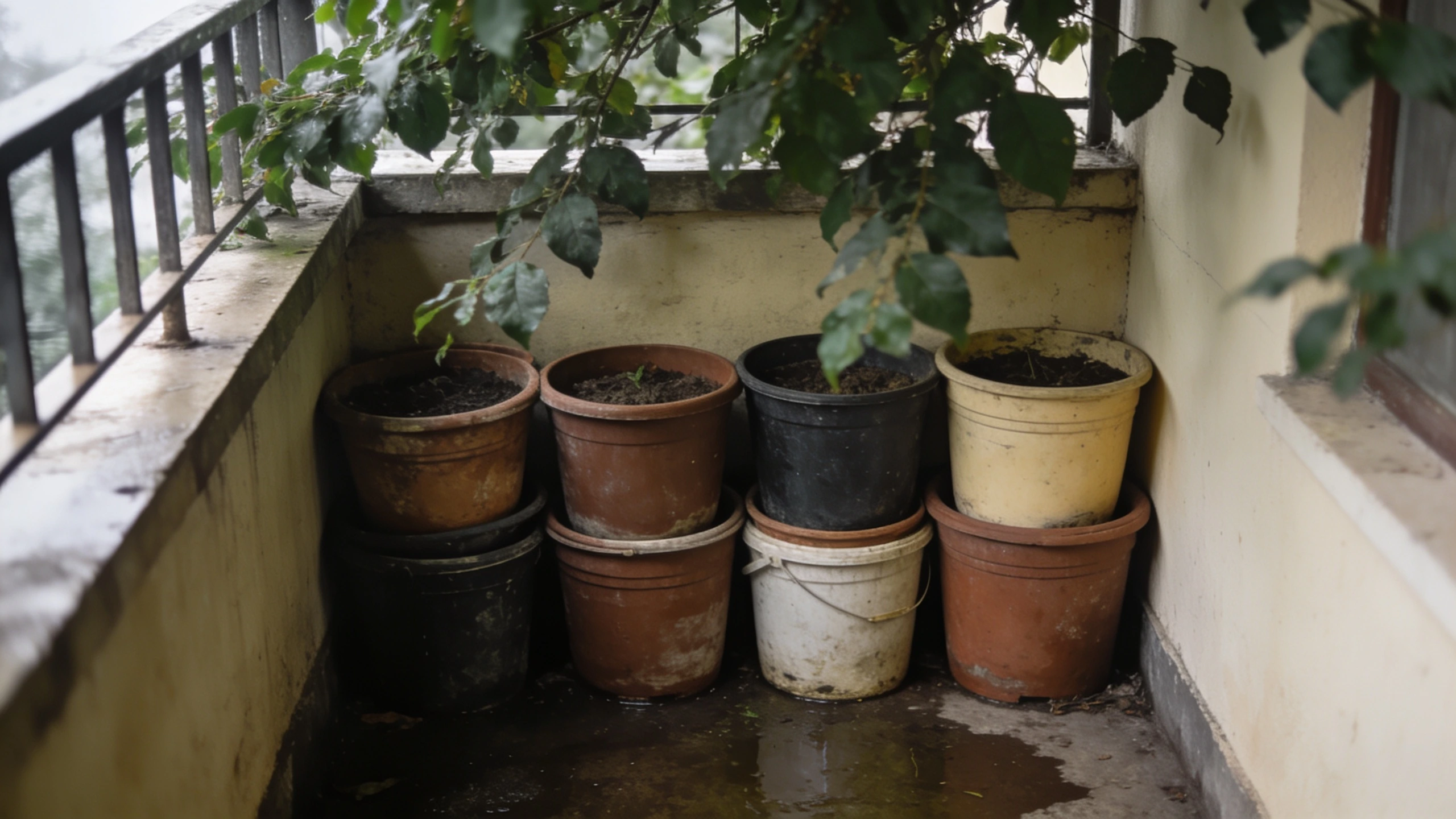 Pots grouped together in a balcony corner Nine containers of different sizes pushed tightly together in a sheltered balcony corner