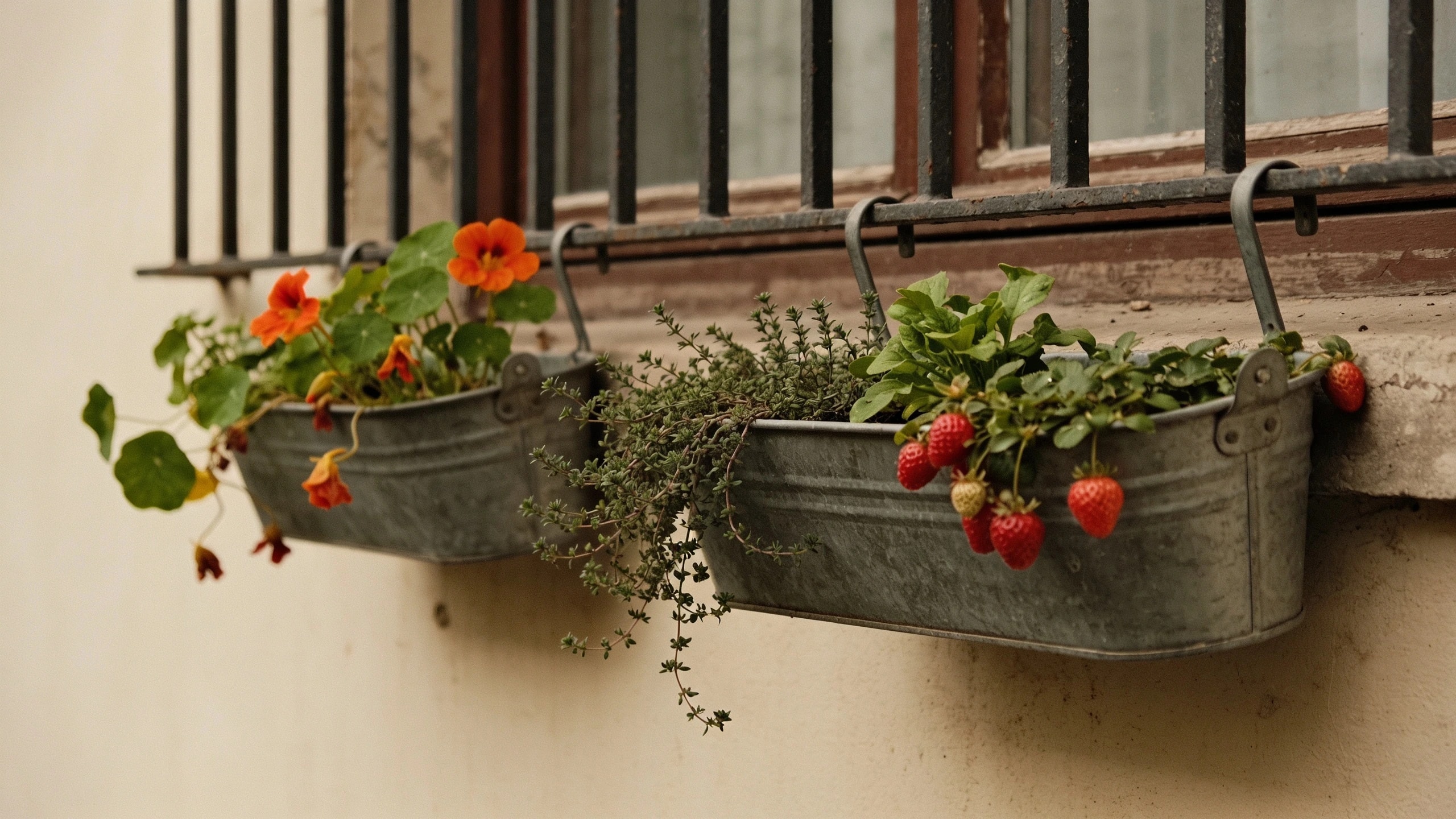 Railing troughs hung inside the balcony rail Metal troughs hooked over a balcony railing planted with trailing thyme and nasturtiums