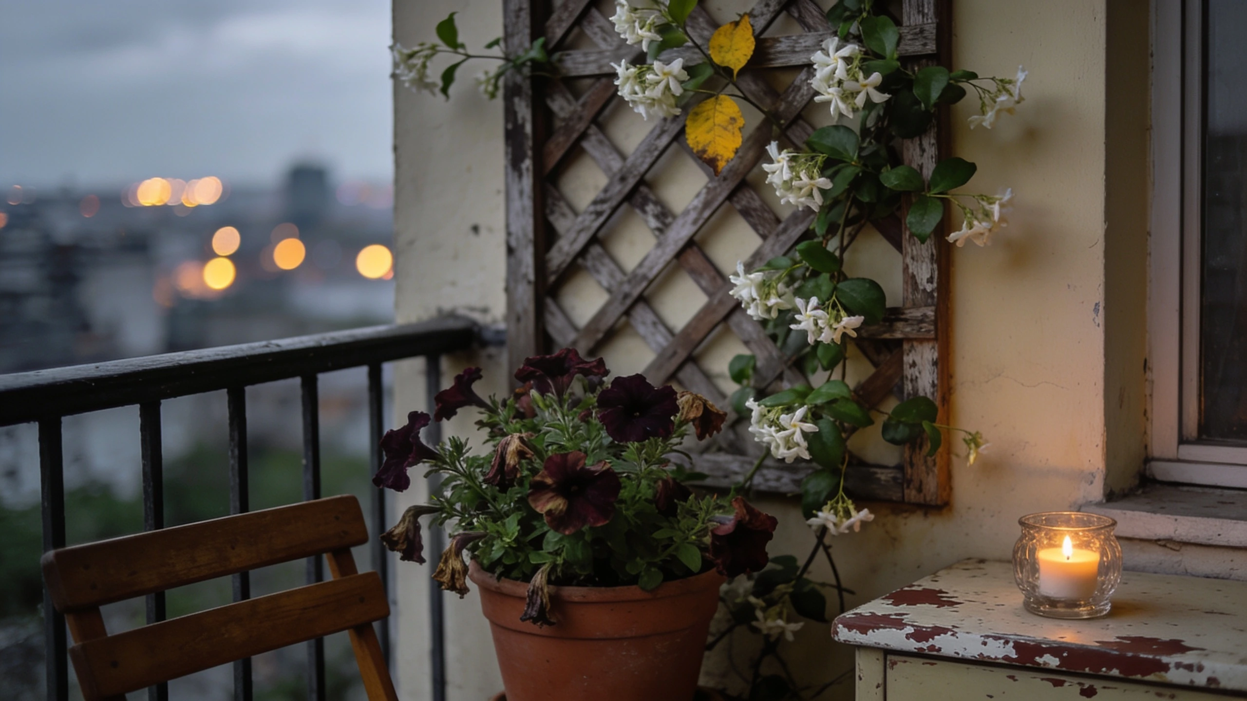 Scented plants on a balcony at dusk Small balcony at dusk with a chair, night-scented stock and jasmine on a trellis