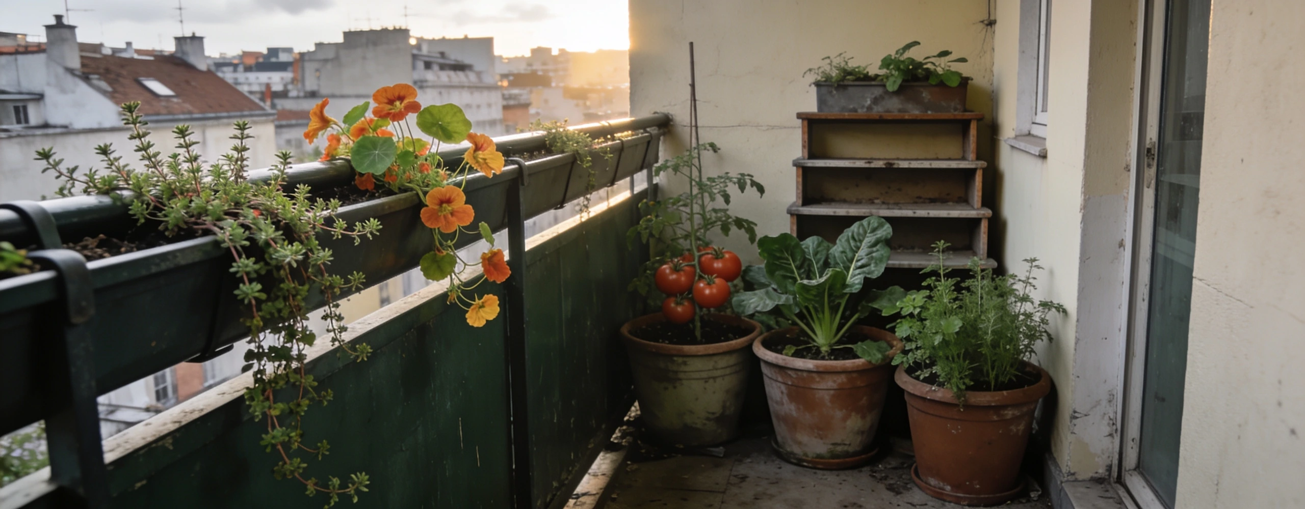Narrow balcony with railing troughs, pots of tomato and chard and a plant stand