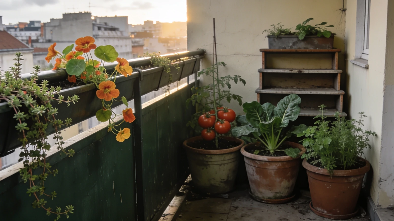 Narrow balcony with railing troughs, pots of tomato and chard and a plant stand