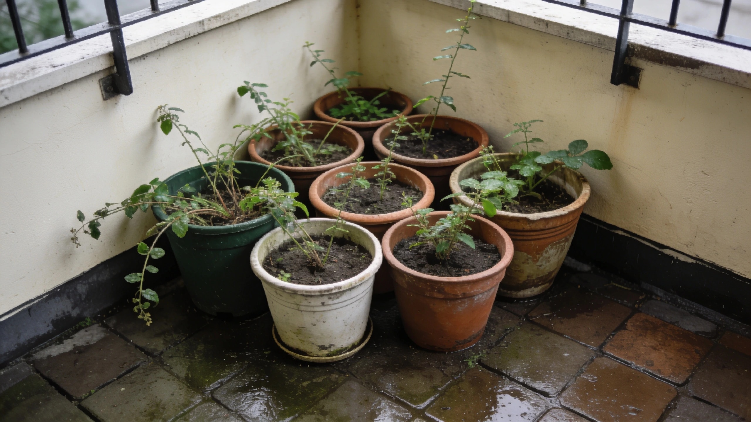 Grouping containers together to reduce watering Eight assorted containers pushed close together in a corner of a balcony