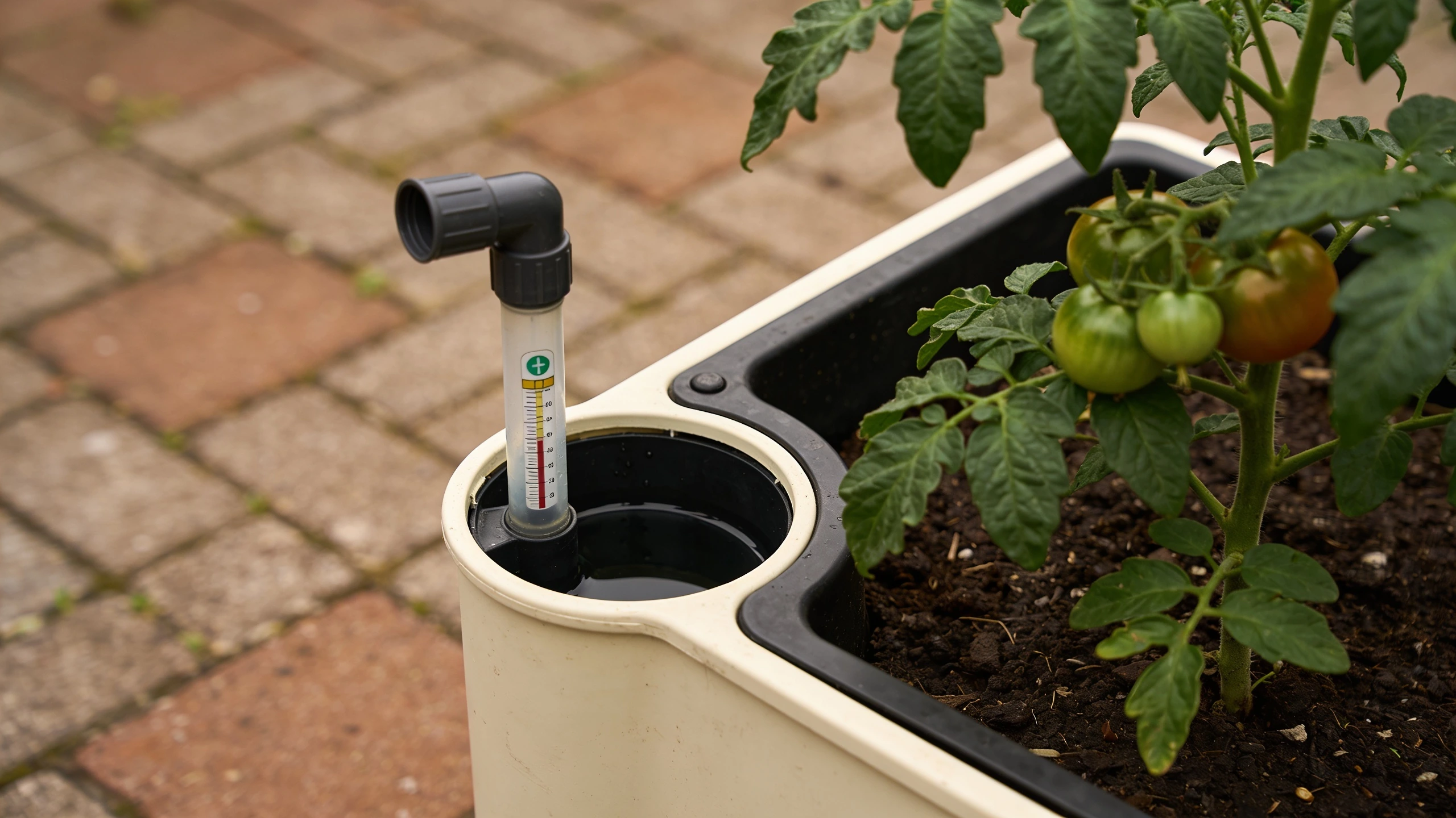 A self-watering container with a water reservoir Self-watering planter on a patio with a visible reservoir fill tube and level indicator