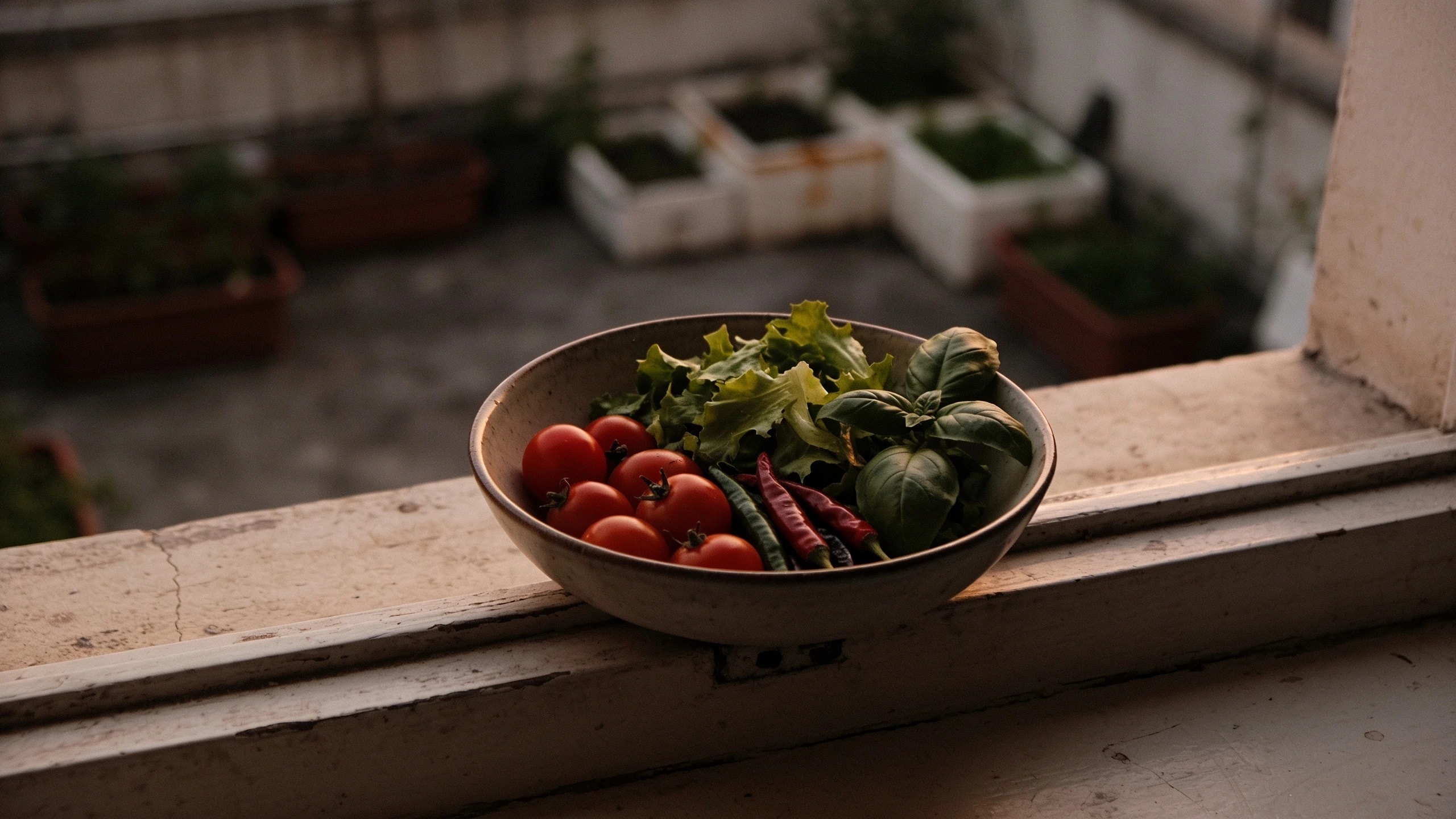 A small harvest from a city garden Bowl of cherry tomatoes, salad leaves, chillies and basil on a city windowsill
