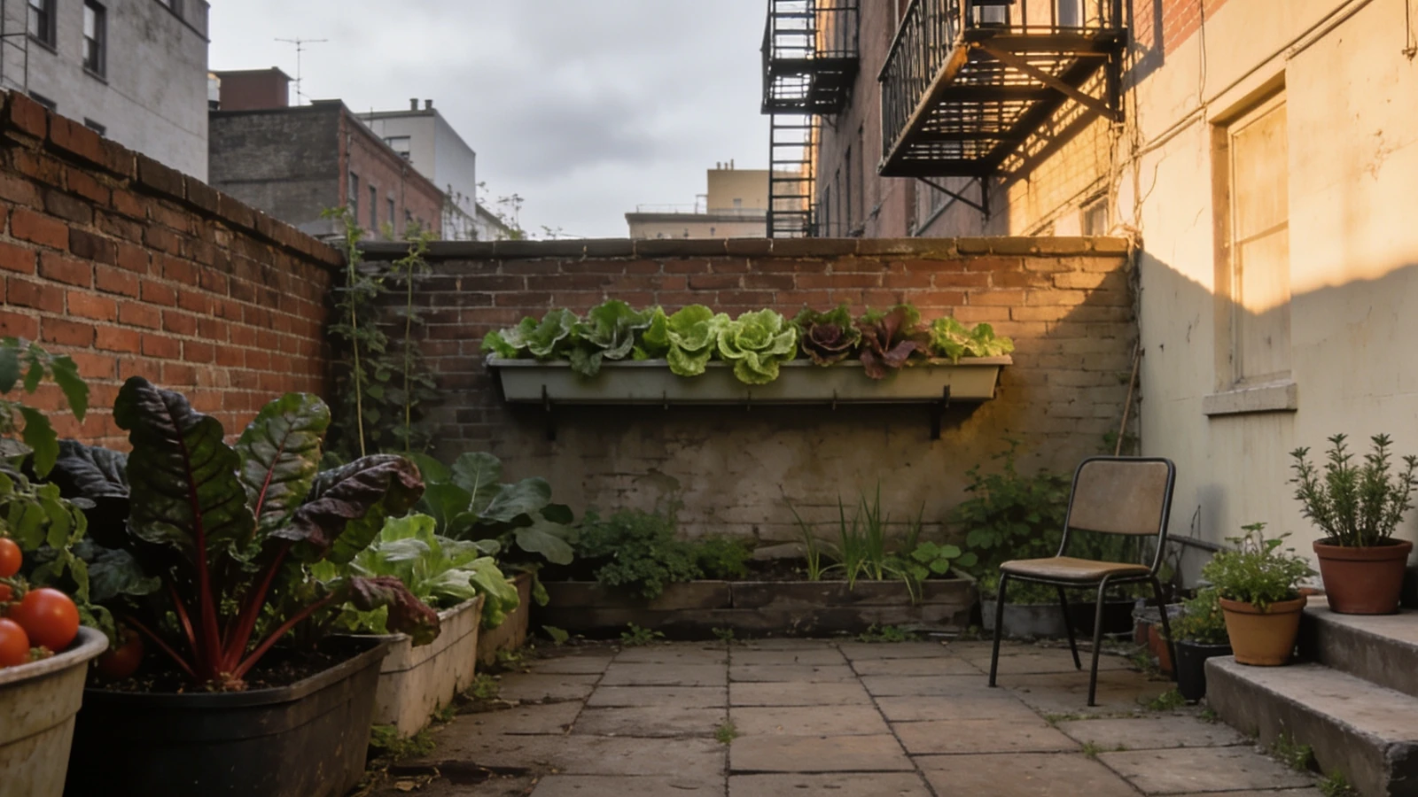Paved courtyard with containers of tomatoes, chard and wall-mounted salad troughs