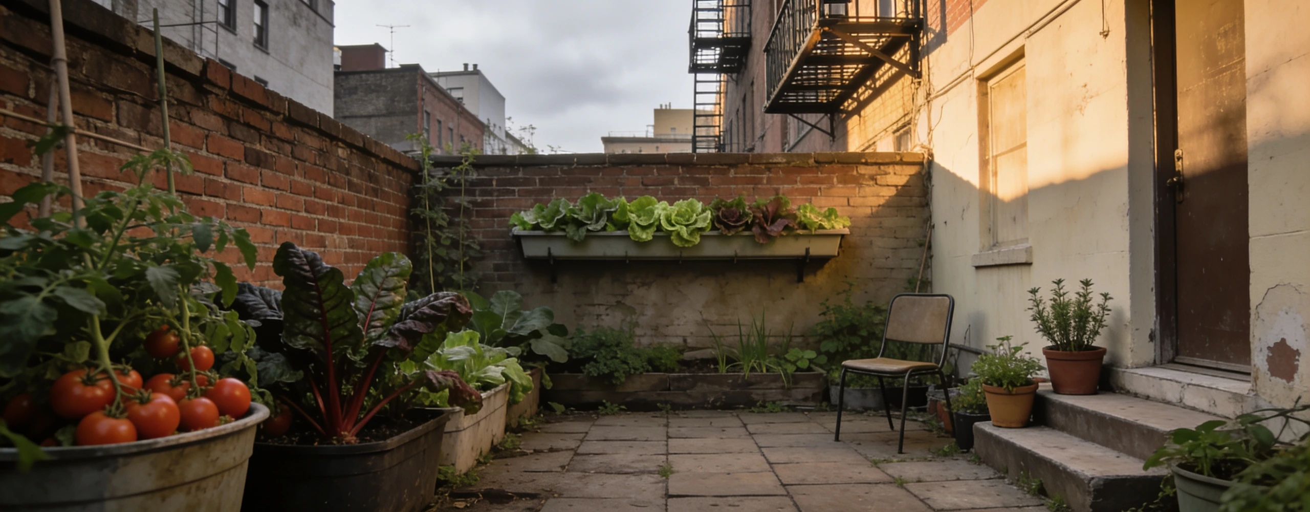 A small city courtyard garden packed with containers Paved courtyard with containers of tomatoes, chard and wall-mounted salad troughs