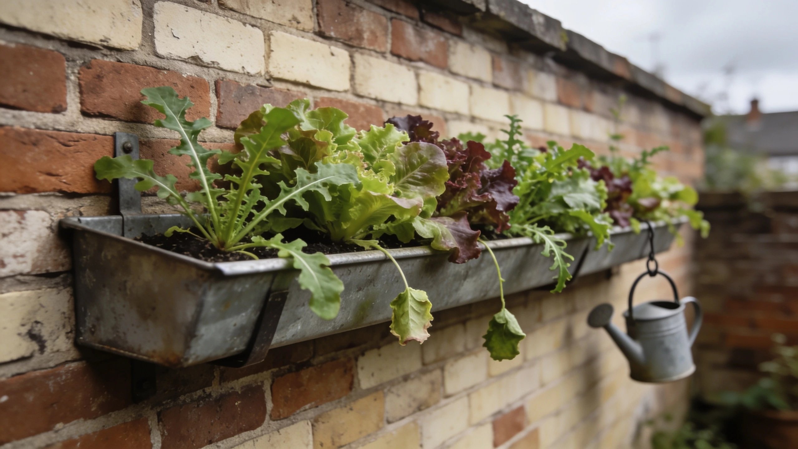 A wall-mounted trough of salad leaves Metal trough on a brick wall densely planted with salad leaves and rocket
