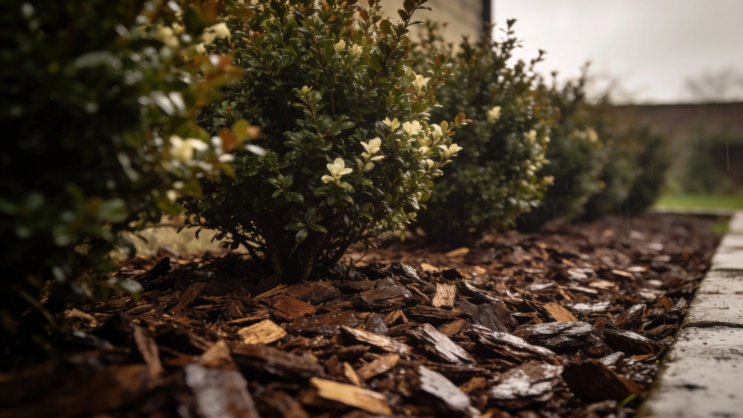 Bark mulch around established shrubs Even layer of chunky bark mulch spread around the base of shrubs in a border