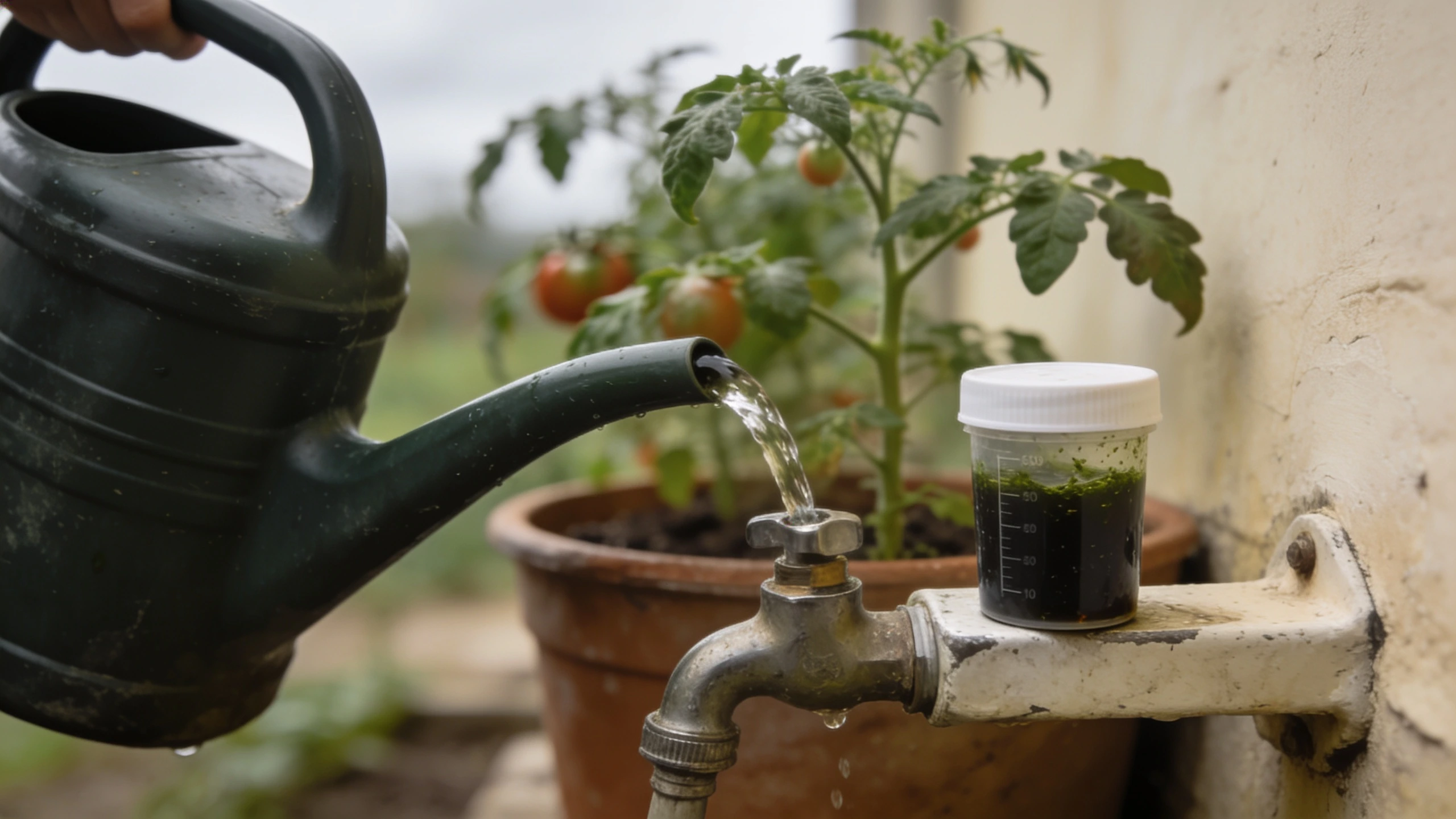 Diluted liquid plant feed in a watering can Watering can being filled with a measuring cap of liquid seaweed feed on the rim