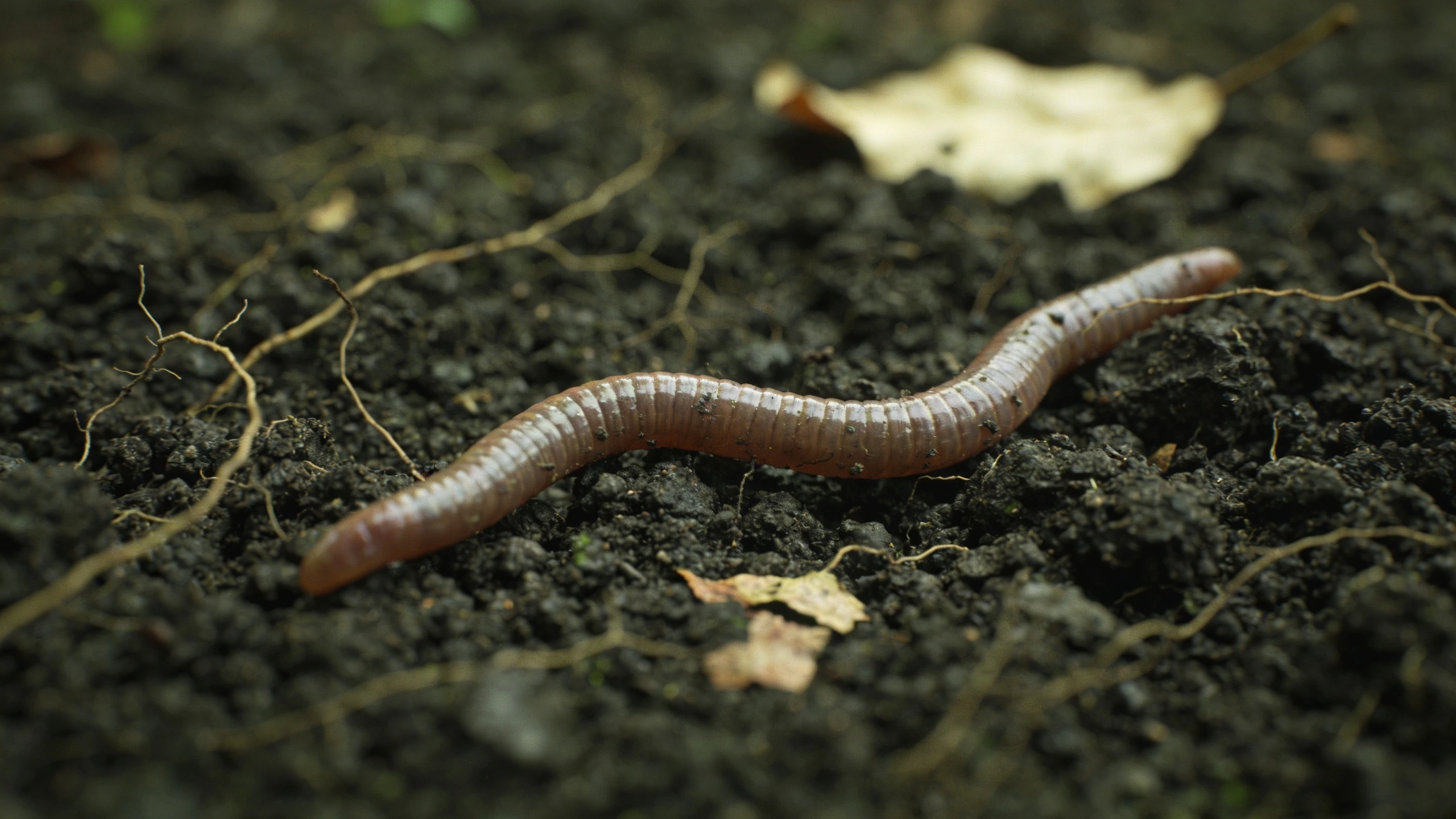 An earthworm in healthy dark garden soil Close view of an earthworm in dark crumbly soil with fine roots and leaf fragments