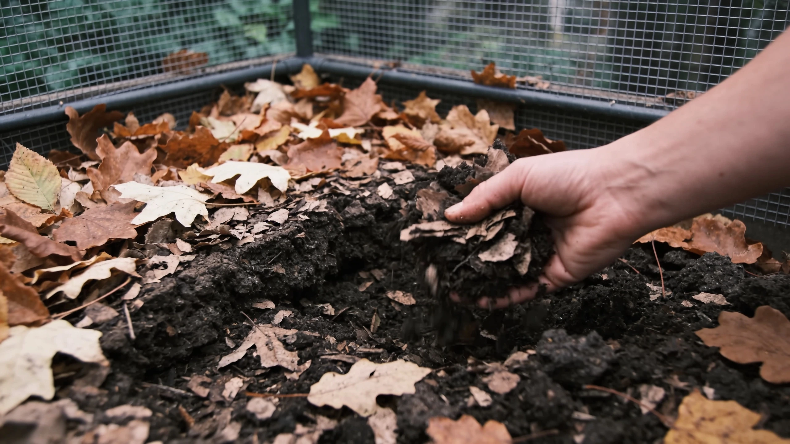 Leaf mould in a simple wire bin Wire mesh bin of autumn leaves with dark crumbly leaf mould at the bottom