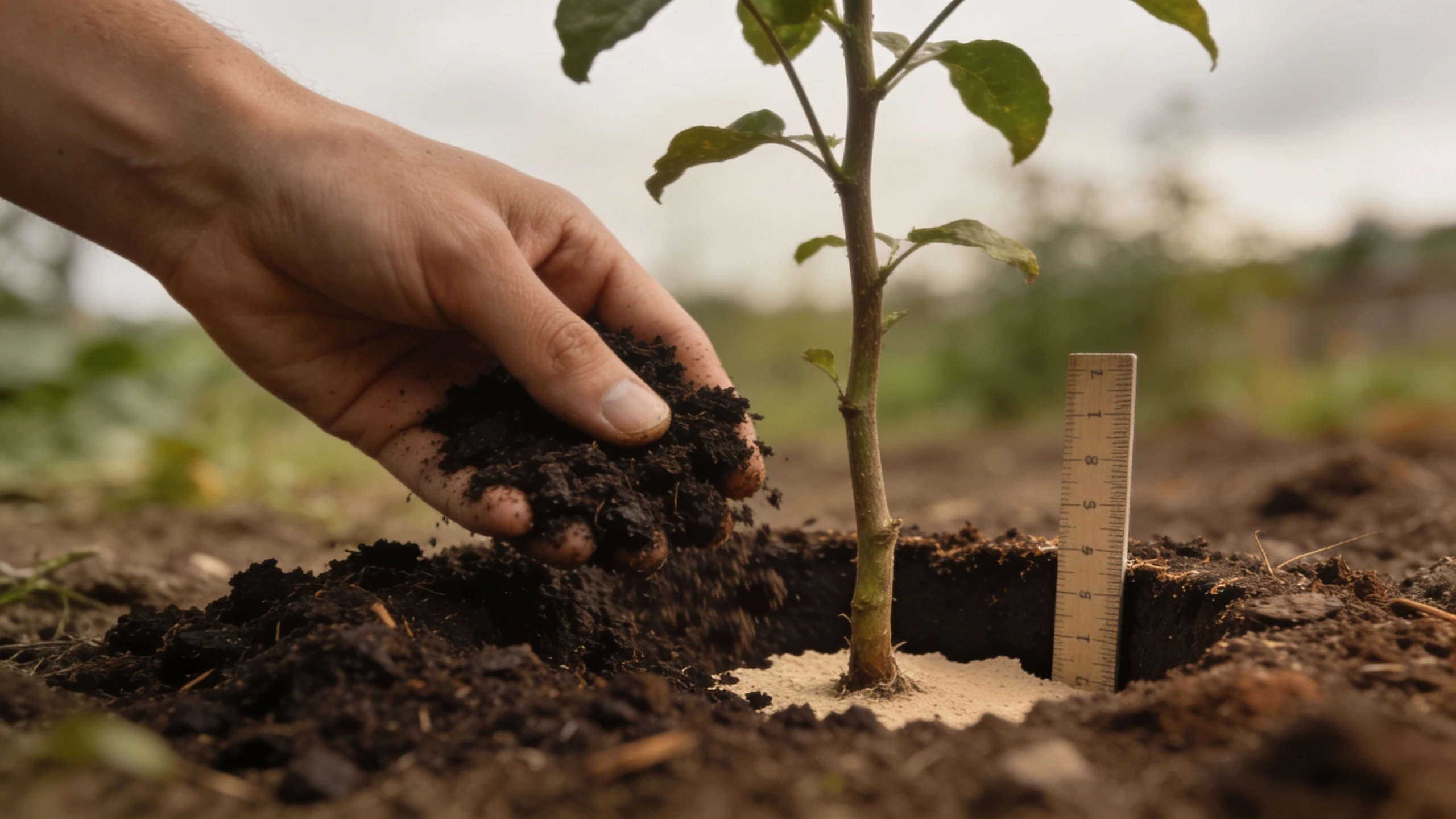 Measuring two inches of compost mulch Hand spreading dark compost around a young plant with a ruler showing the depth