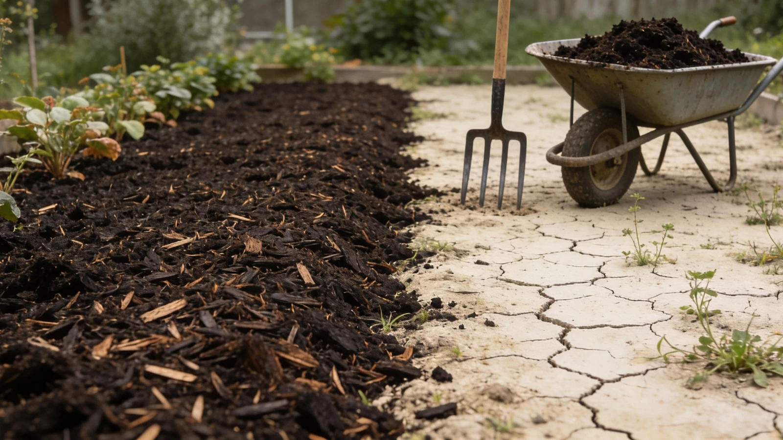 Garden bed with thick compost mulch on one side and dry cracked bare soil on the other