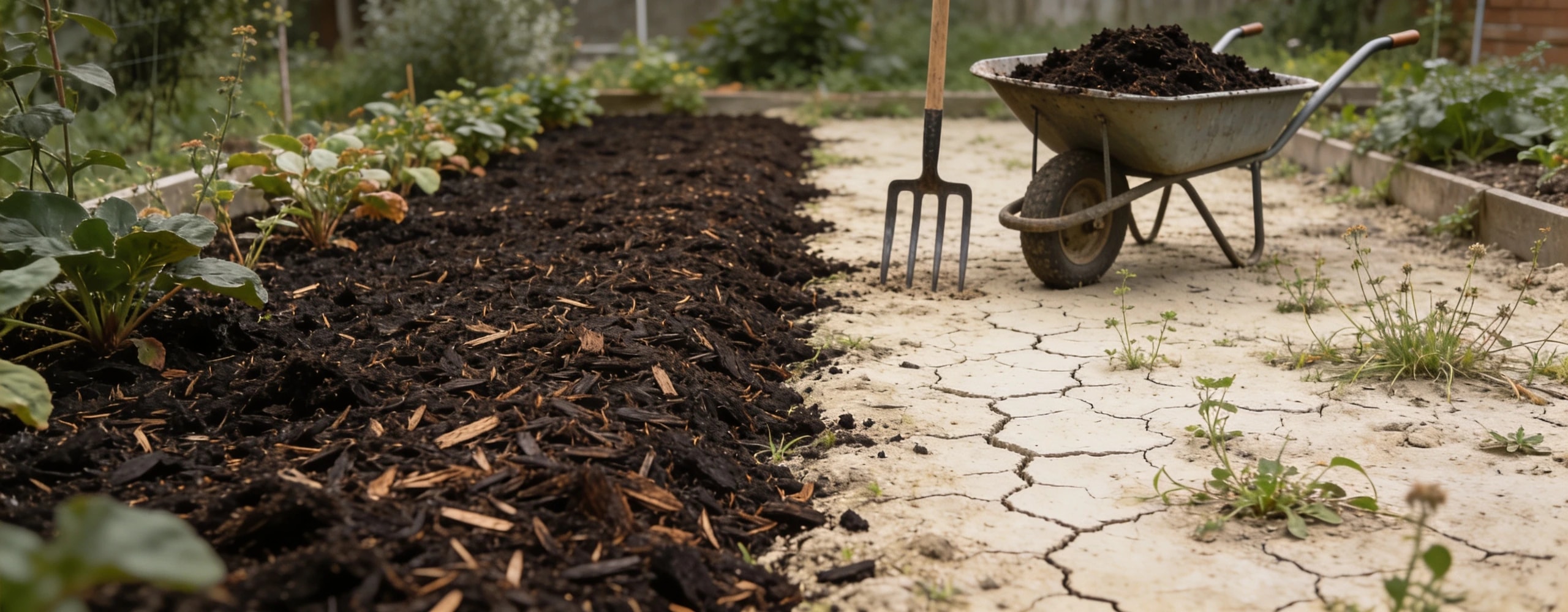A garden bed half mulched and half bare soil Garden bed with thick compost mulch on one side and dry cracked bare soil on the other