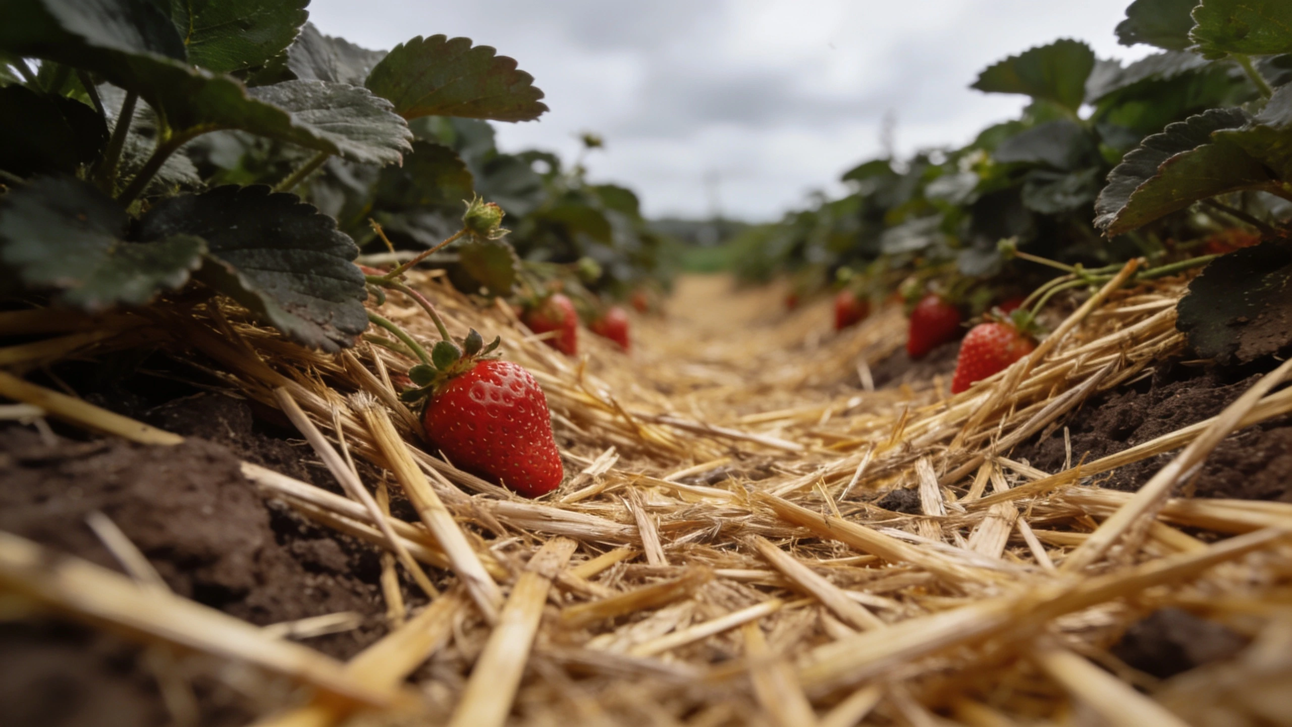 Straw mulch under strawberry plants Golden straw tucked under strawberry plants with ripening red fruit resting on it