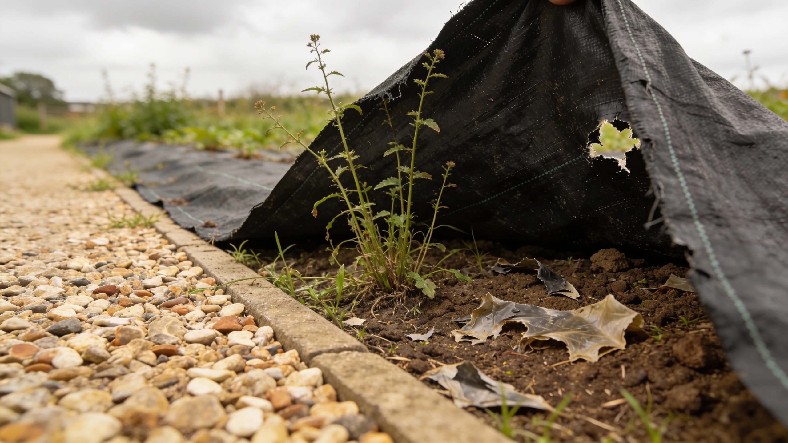 Weed membrane failing under gravel Torn black landscape fabric under gravel with weeds rooted through it