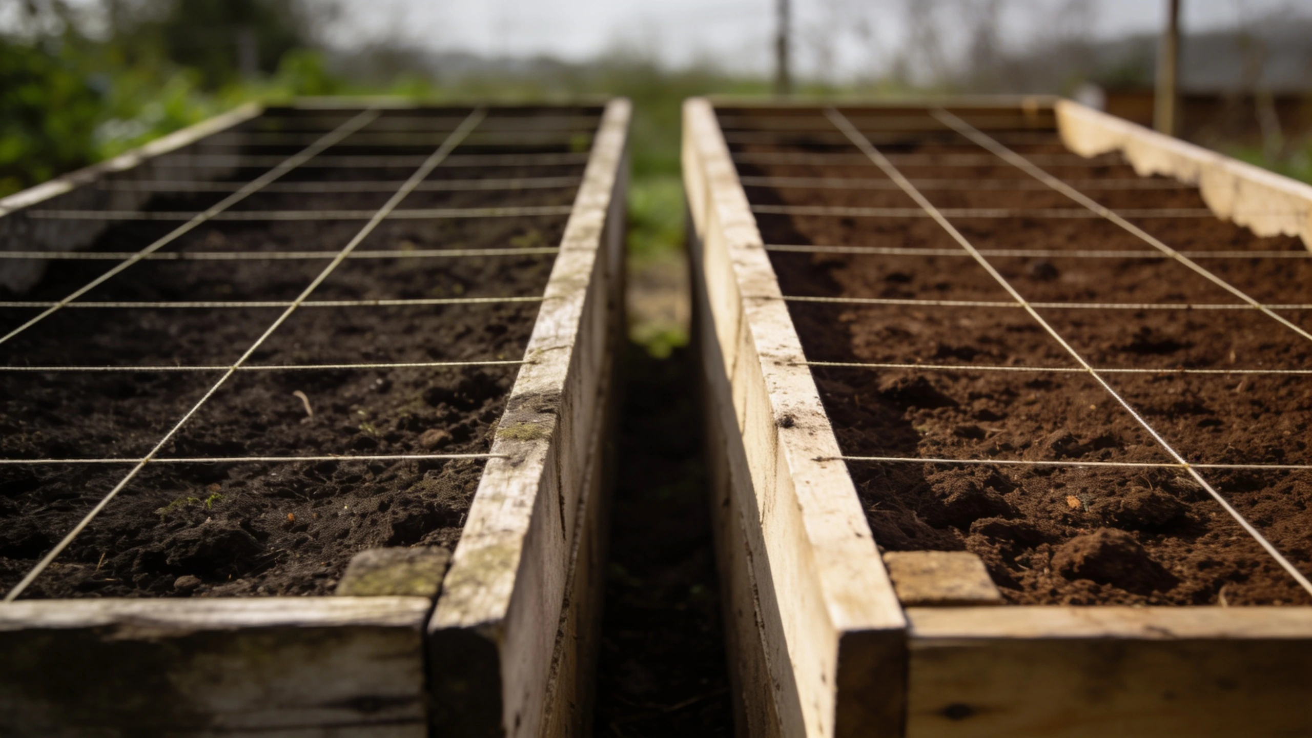 A 40 cm bed next to the original 15 cm design Two raised beds side by side, one shallow at about fifteen centimetres and one deep at forty