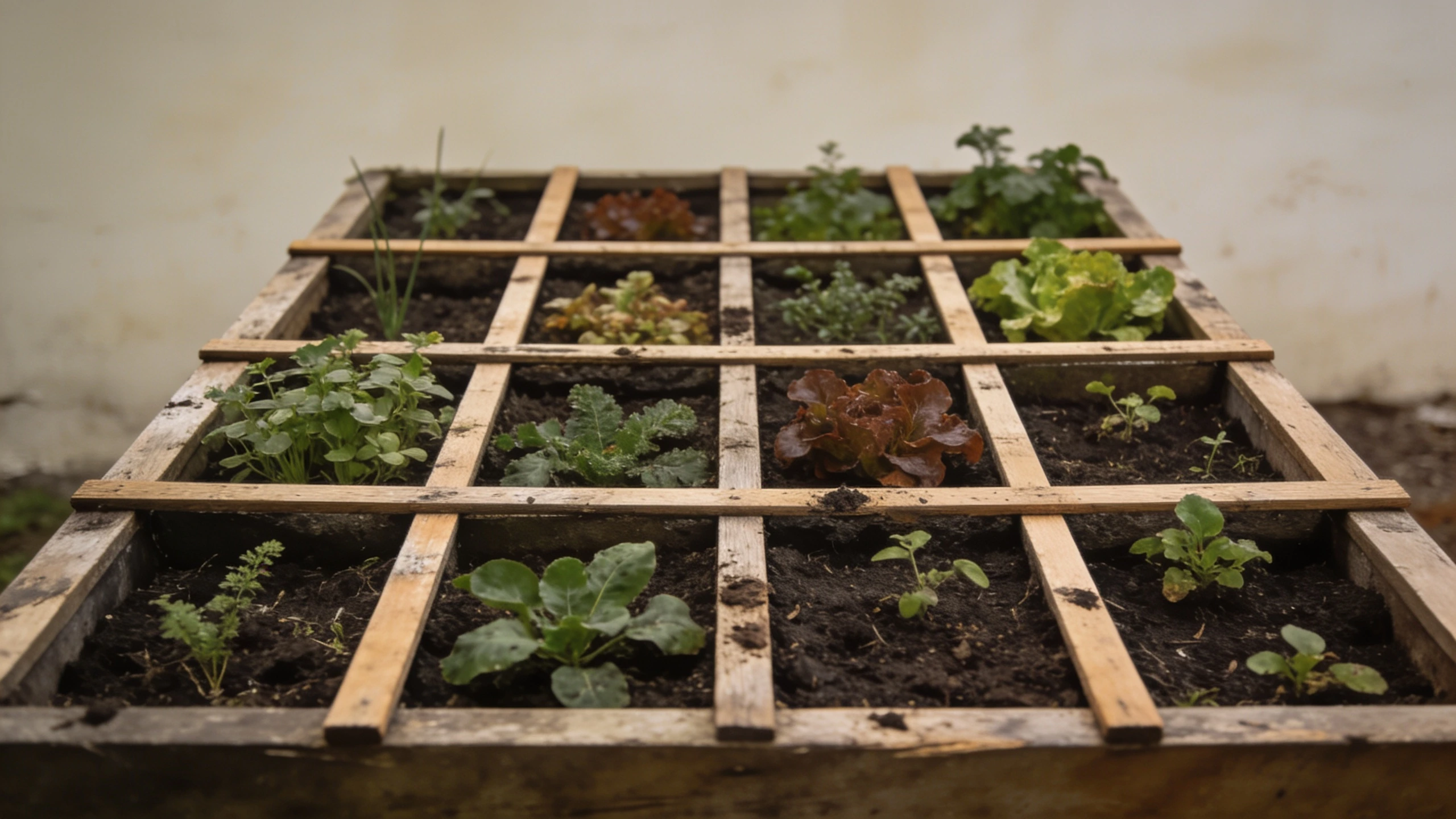 A physical grid, which is what makes the method work Raised bed divided into sixteen squares by thin timber battens with different crops in each square