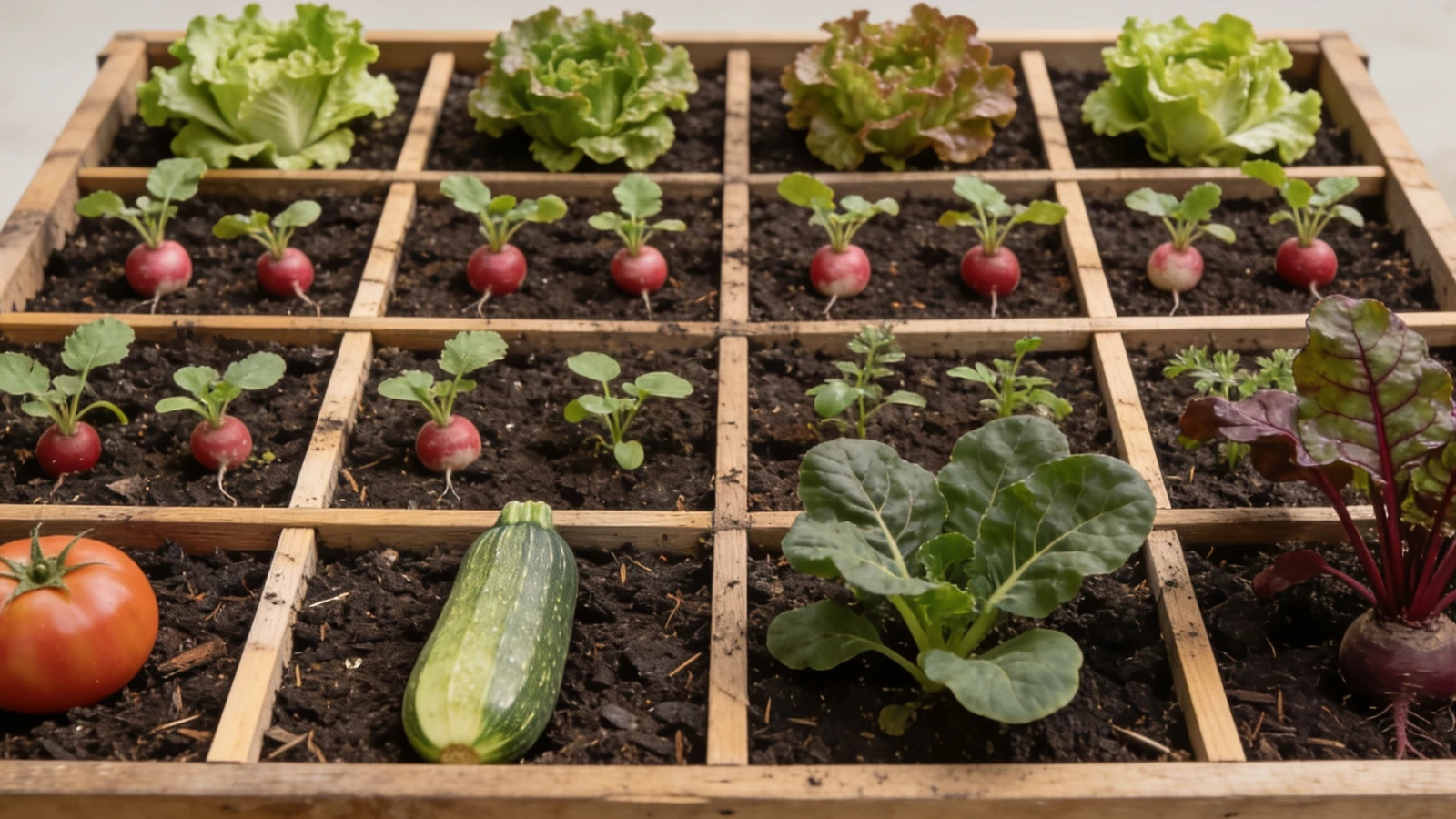 Overhead view of a raised bed divided into sixteen squares each planted at a different density