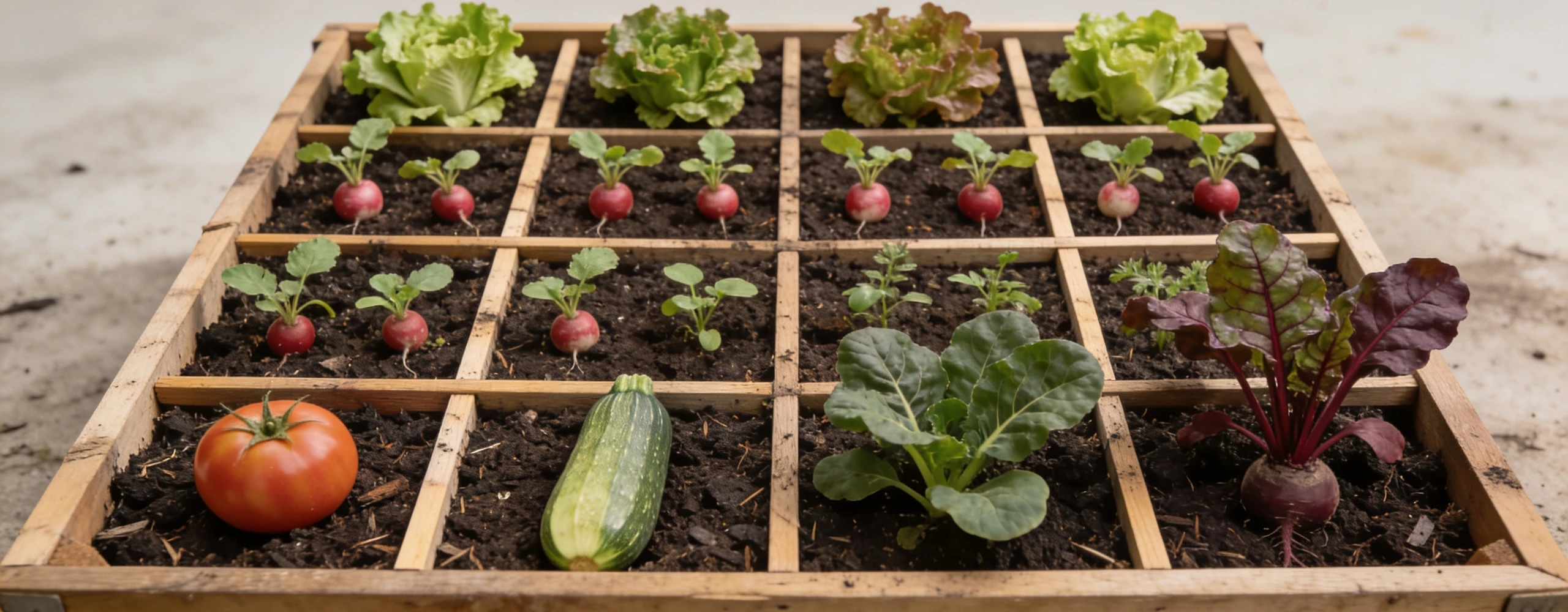 A grid bed, built deeper than the original method asks for Overhead view of a raised bed divided into sixteen squares each planted at a different density