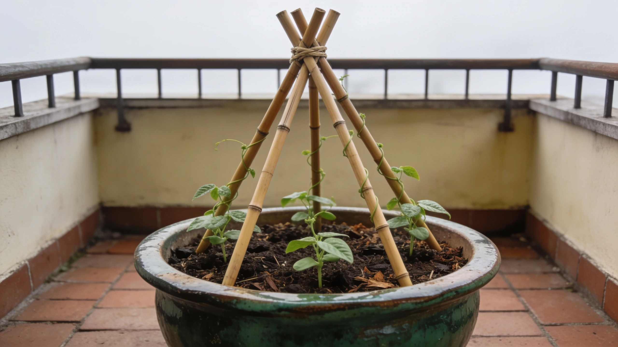 A cane wigwam standing in a single deep container Six bamboo canes tied at the top standing in a large container planted with young beans