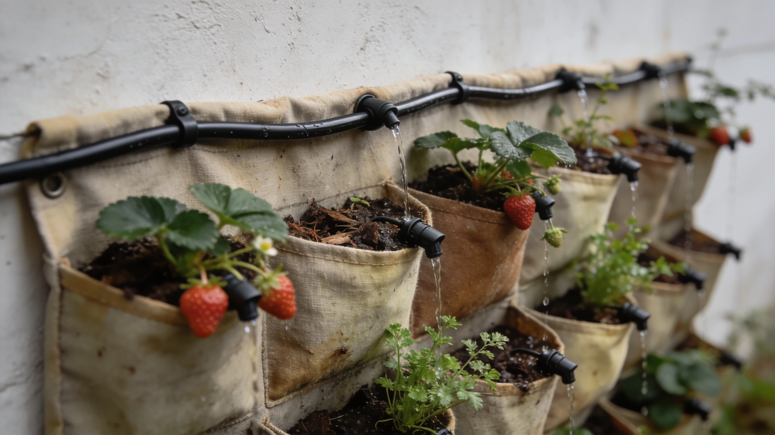 Drip line along the top row of a planted wall Thin drip irrigation tube threaded along the top of a pocket planter with emitters at each pocket