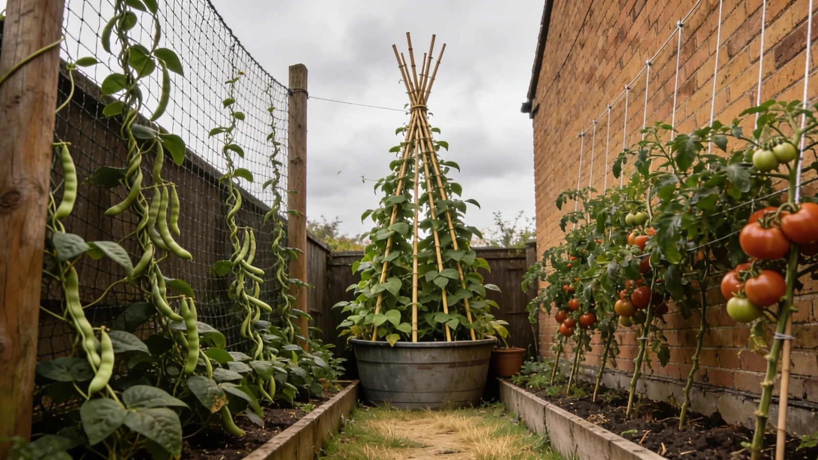 Climbing beans on netting, a cane wigwam in a container and cordon tomatoes on strings