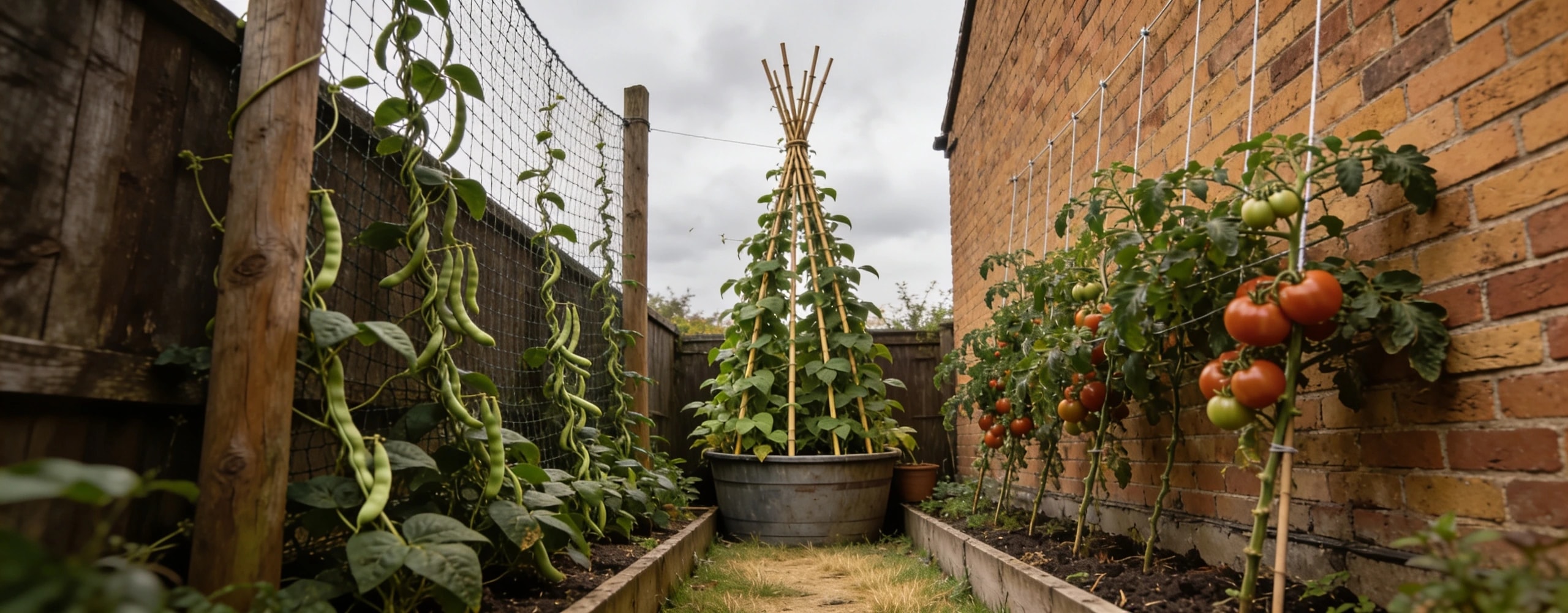 Beans, tomatoes and a wigwam all growing upwards in one narrow garden Climbing beans on netting, a cane wigwam in a container and cordon tomatoes on strings