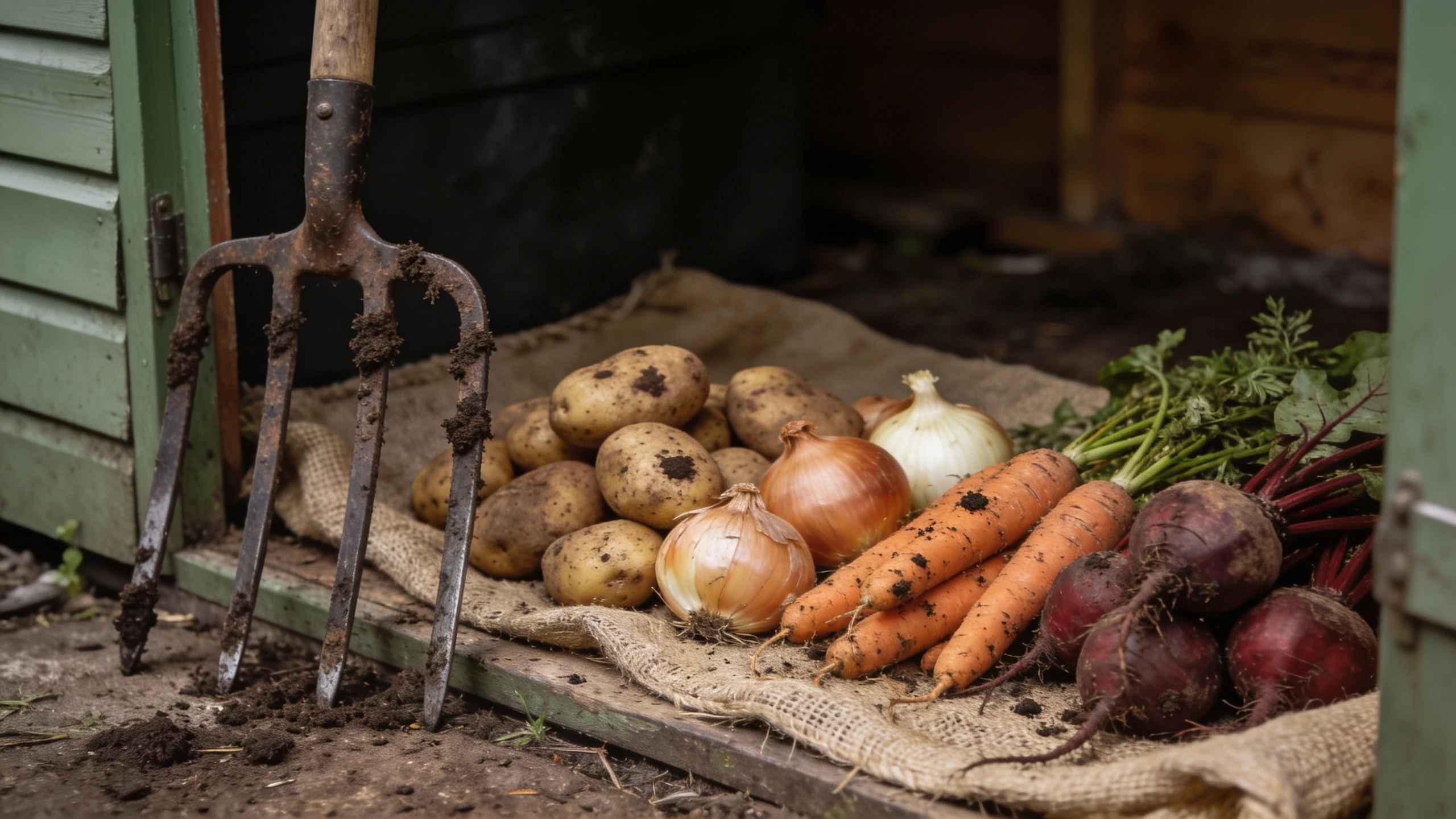 The wartime priority: crops that keep Harvested potatoes, onions, carrots and beetroot laid out on sacking beside a garden fork