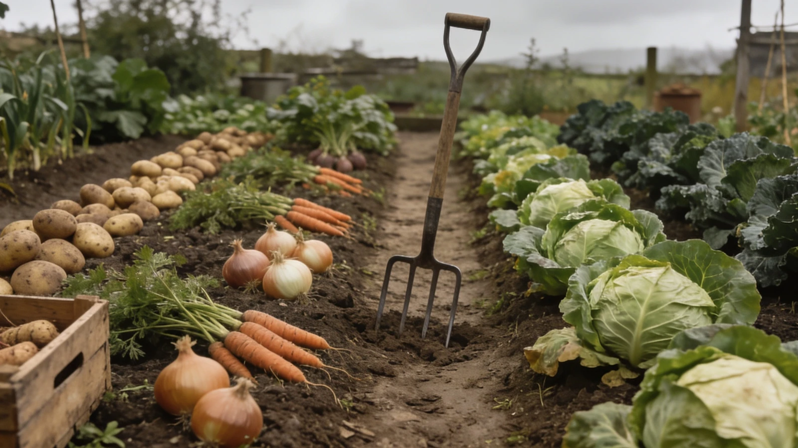 Close spaced rows of potatoes, onions, cabbage and kale with narrow trodden earth paths