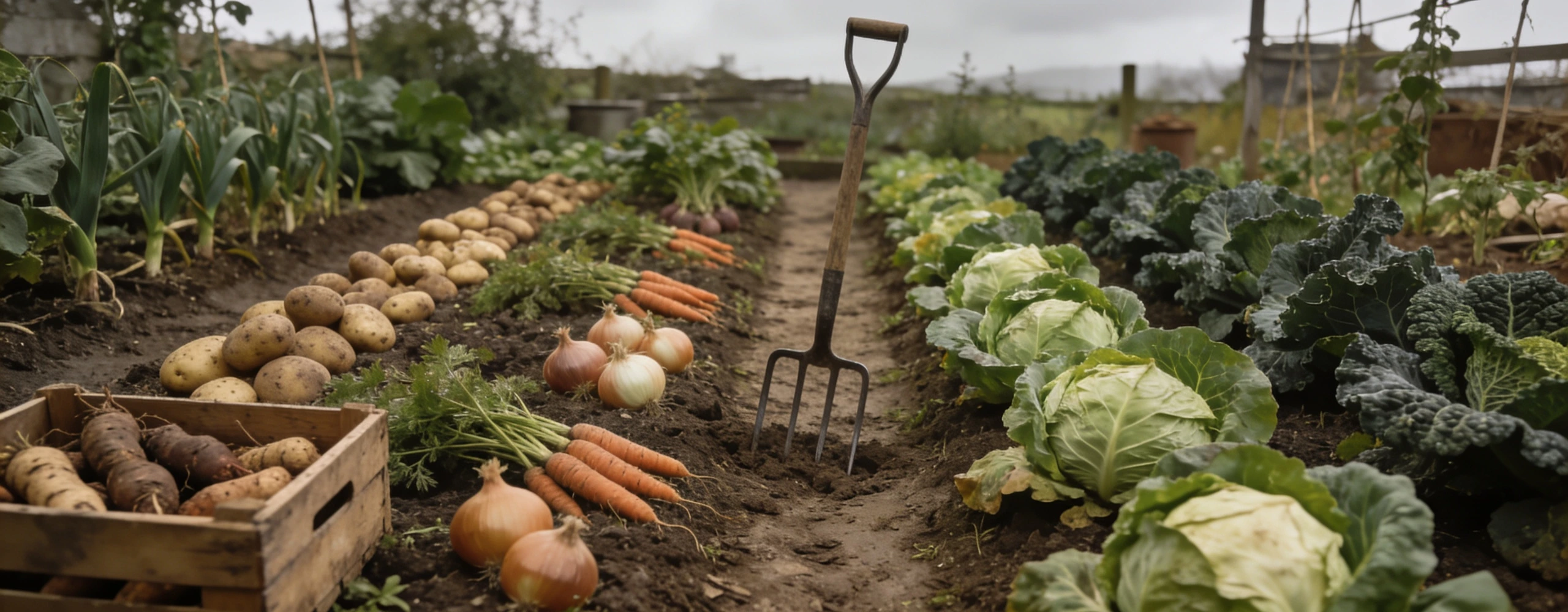 A small plot worked the way the wartime plans intended Close spaced rows of potatoes, onions, cabbage and kale with narrow trodden earth paths