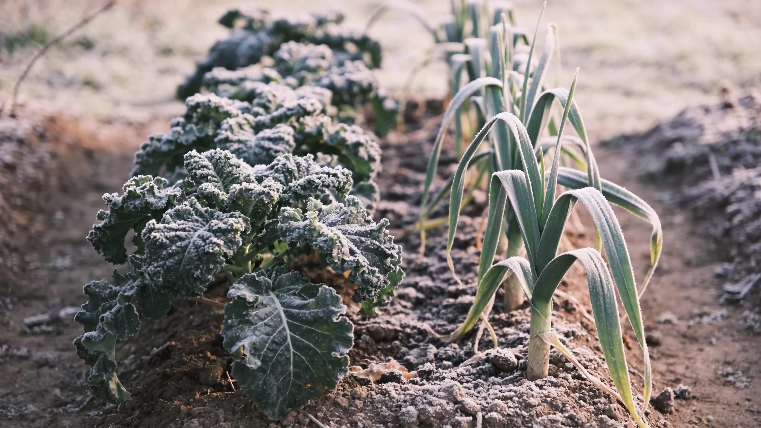 Kale and leeks standing in the ground in midwinter Row of kale and leeks standing in frosty soil in a small winter vegetable bed