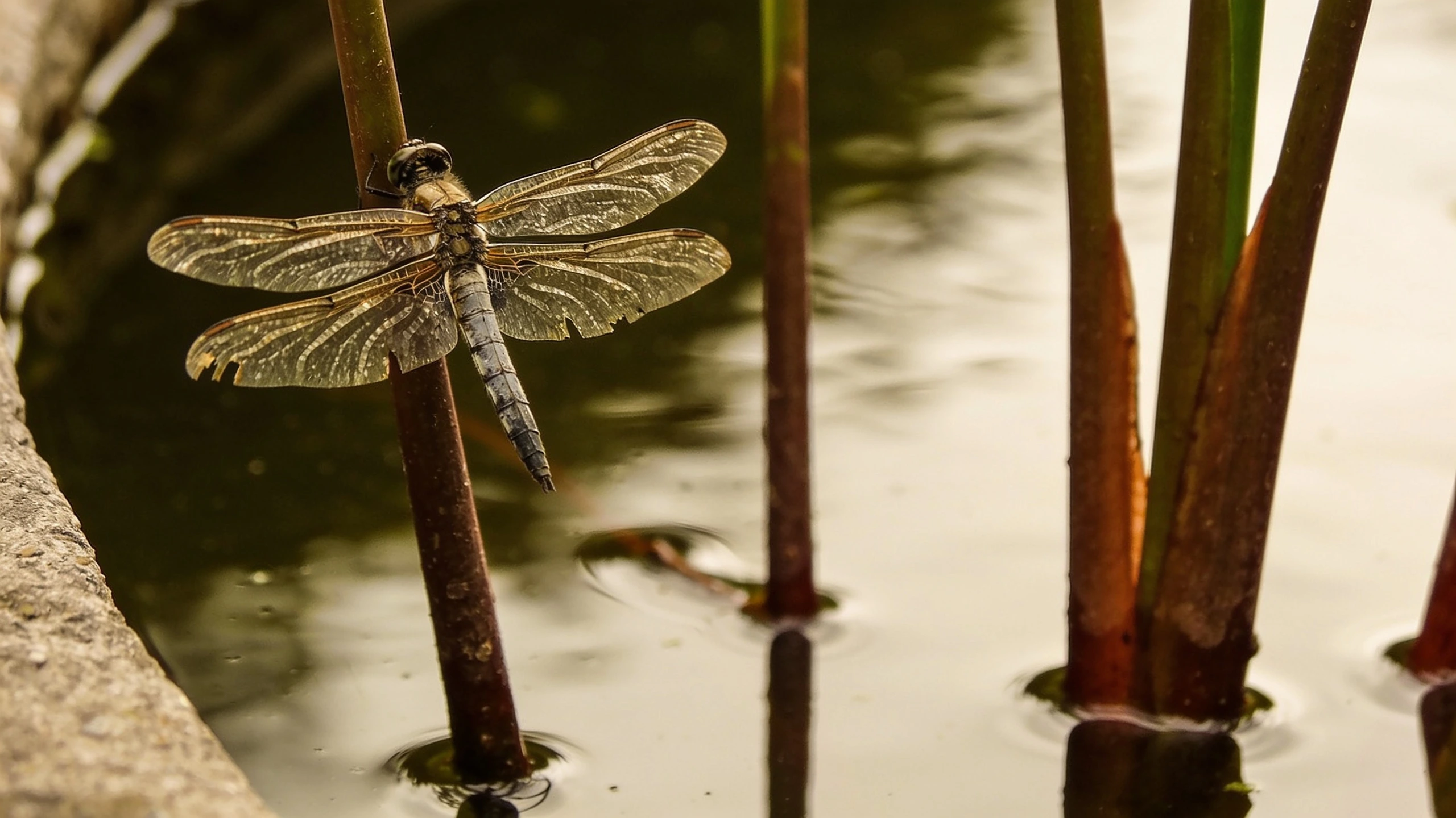 What arrives when there are no fish Dragonfly resting on the stem of a marginal plant at the edge of a still planted pond